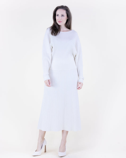 Neutral Ribbed Knit A-Line Midi Skirt - S/M, L/XL