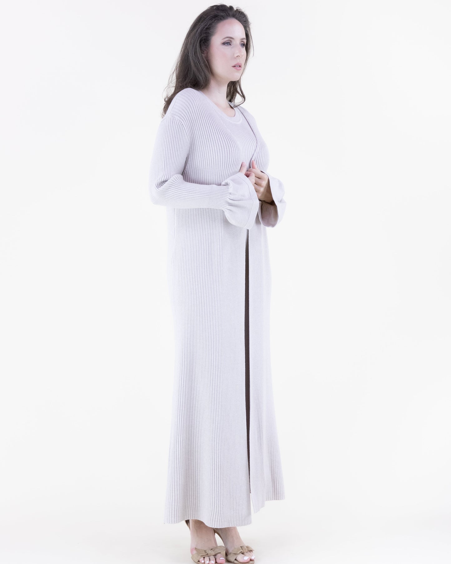 Warm Tone Ruffle Cuff Ribbed Duster Cardigan
