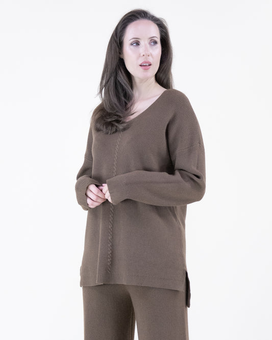 Earth Tone V-Neck Ribbed Hi-Low Sweater