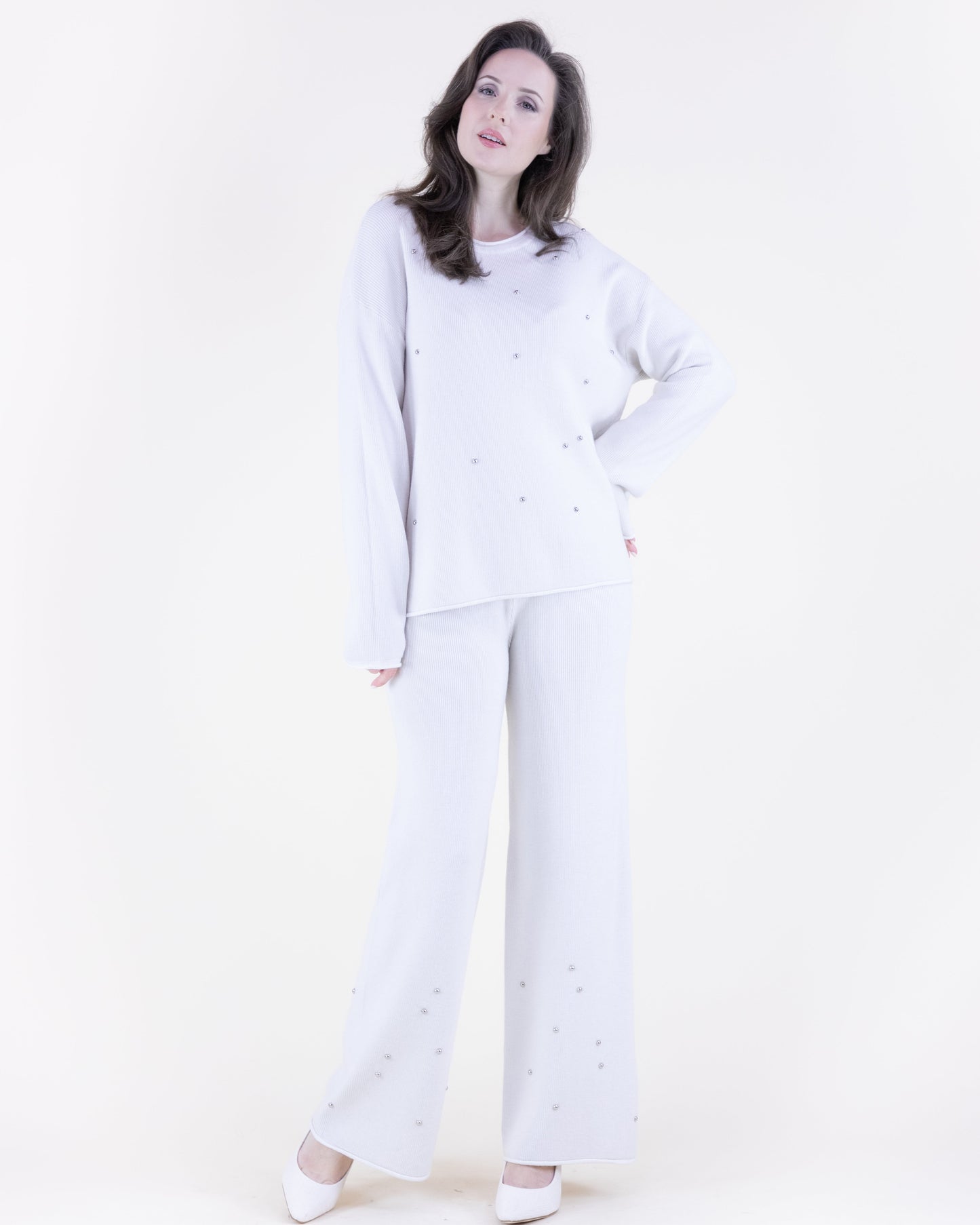 Crew Neck Embellished Rolled Hem Sweater