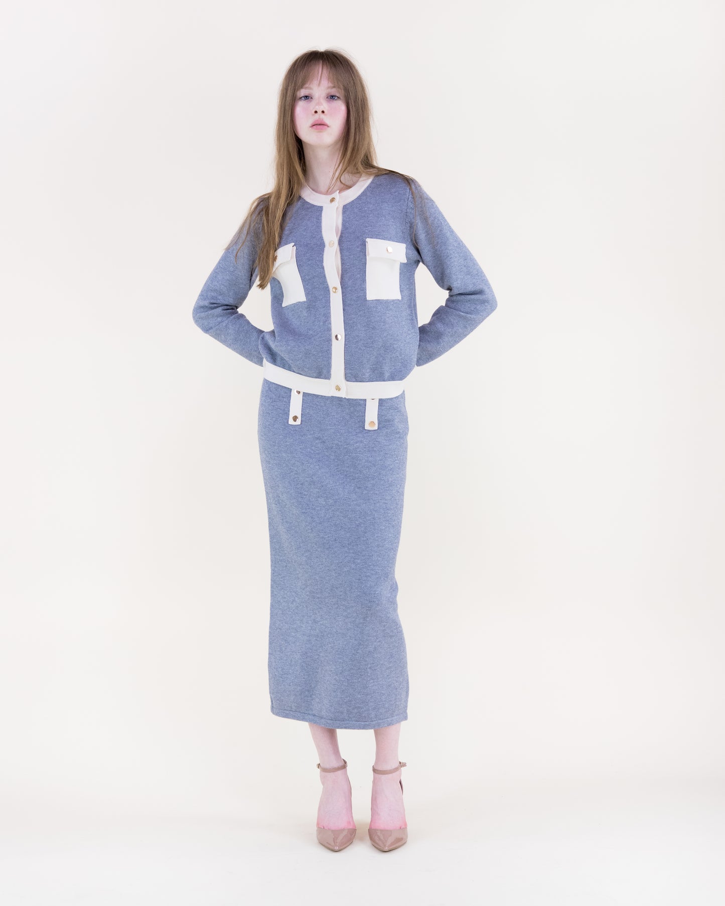 Color Blocked Front Pockets Boxy Cardigan with Matching Knitted Midi Pencil Skirt 2pcs Set