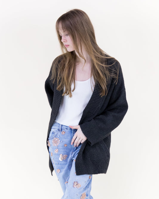 Heathered Slanted Pockets Boyfriend Cardigan