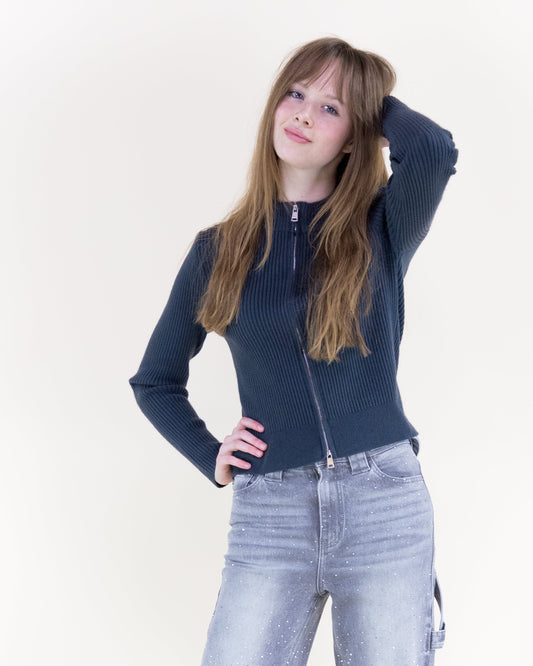 Two Way Zipper Ribbed Cardigan