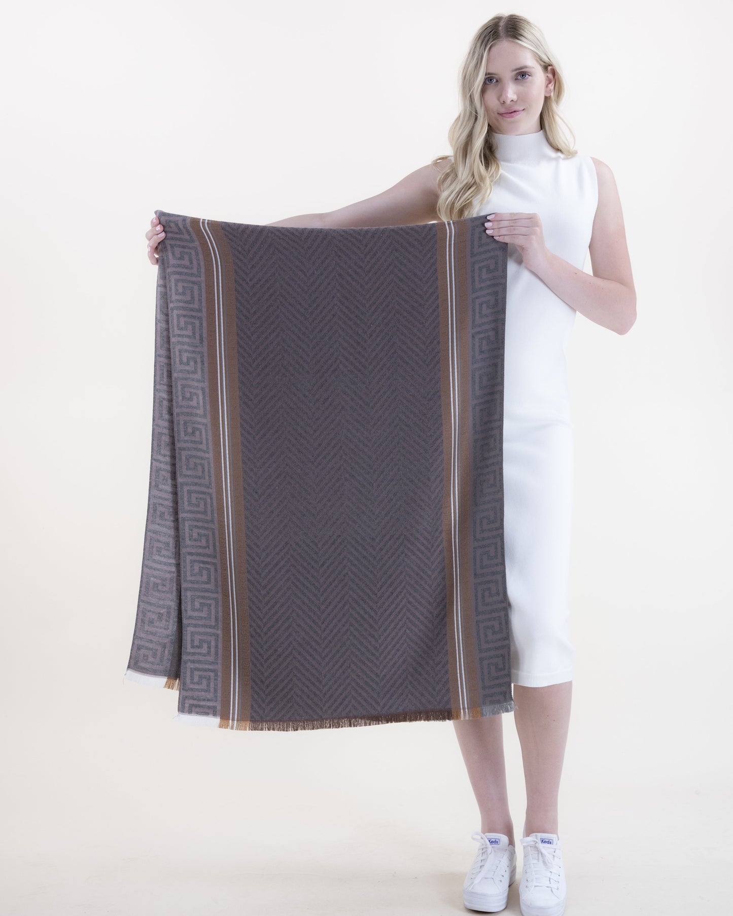 Herringbone Scarf w/ Greek Key Borders and Stripe