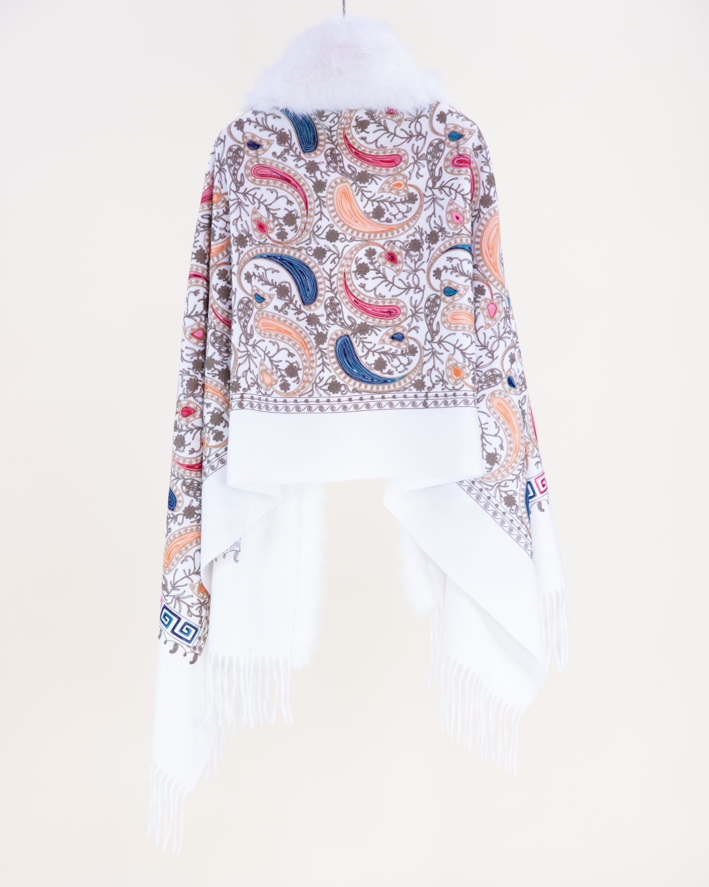 Embroidered Baroque Paisley Faux Fur Edge Scarf