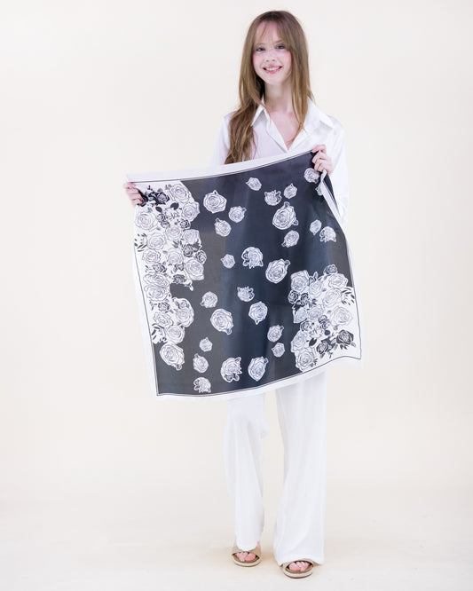 Monochrome Roses Satin Small Square Scarf