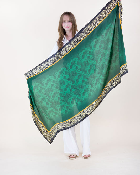 Emerald Flower Leopard Border Satin Long Scarf