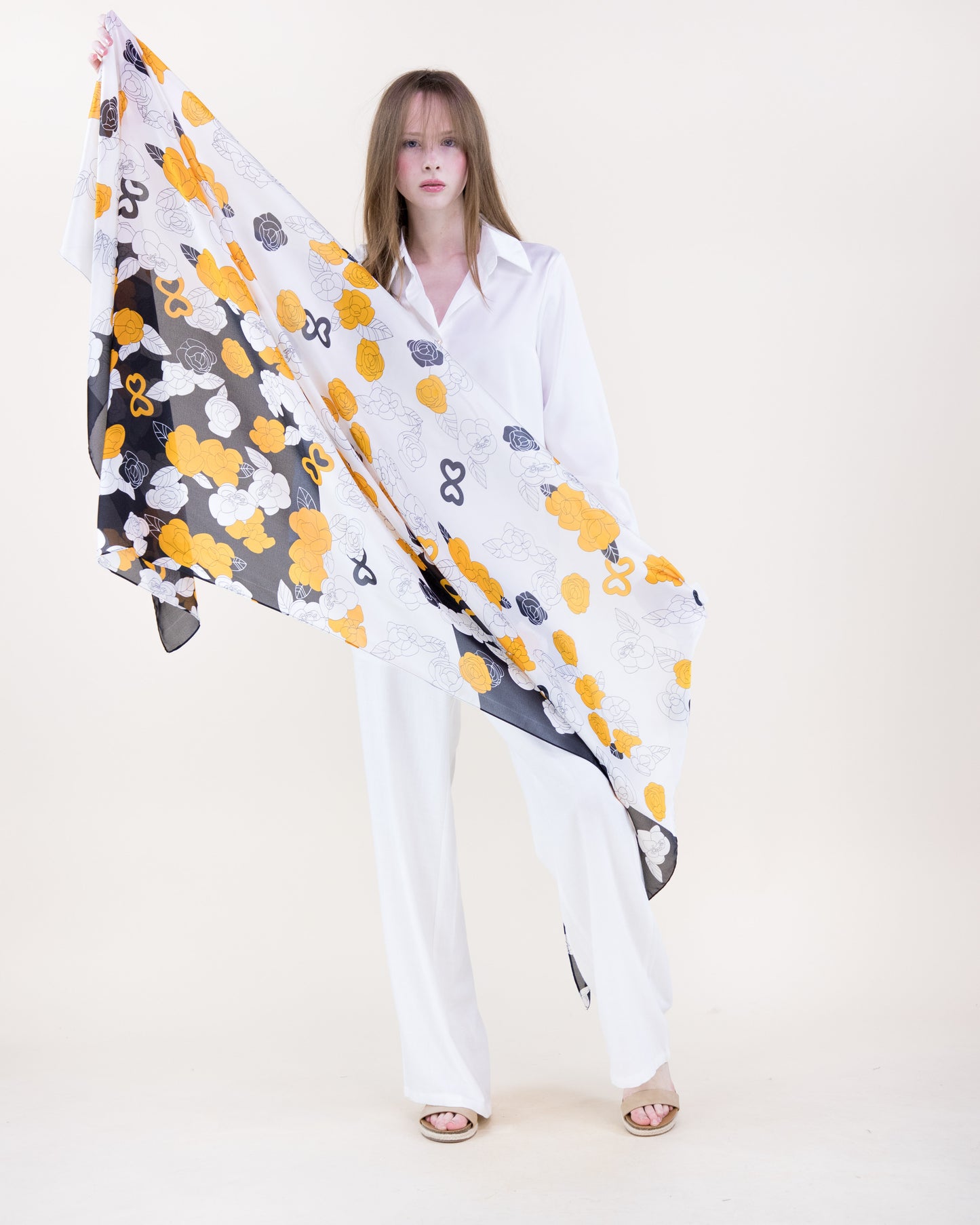 Peony Roses Contour Satin Long Scarf
