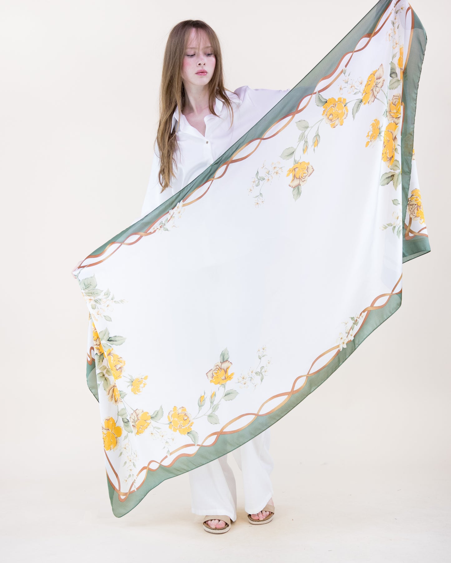 Rose Garden Branch Border Satin Long Scarf