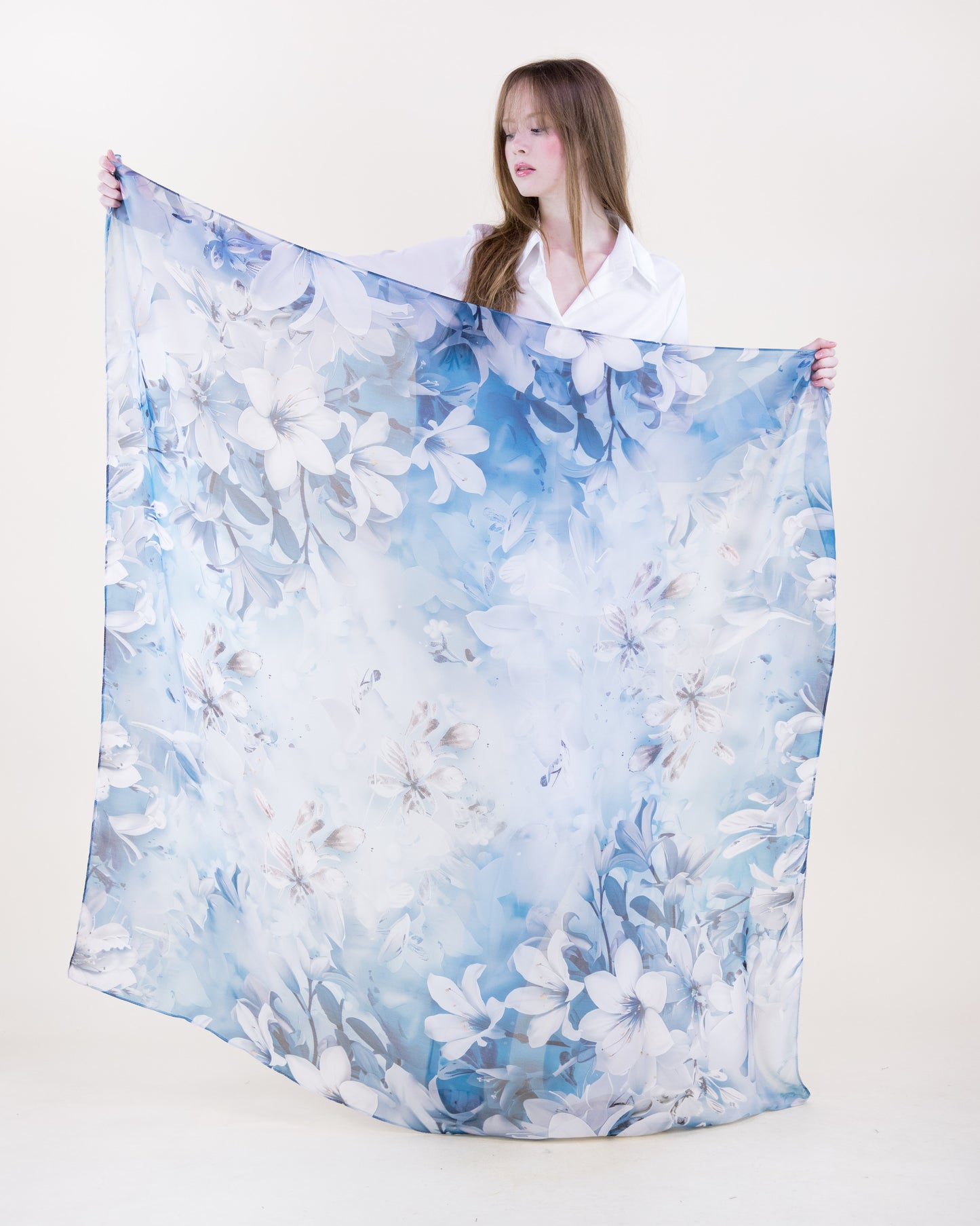 Porcelain Blossom Silky Large Square Scarf