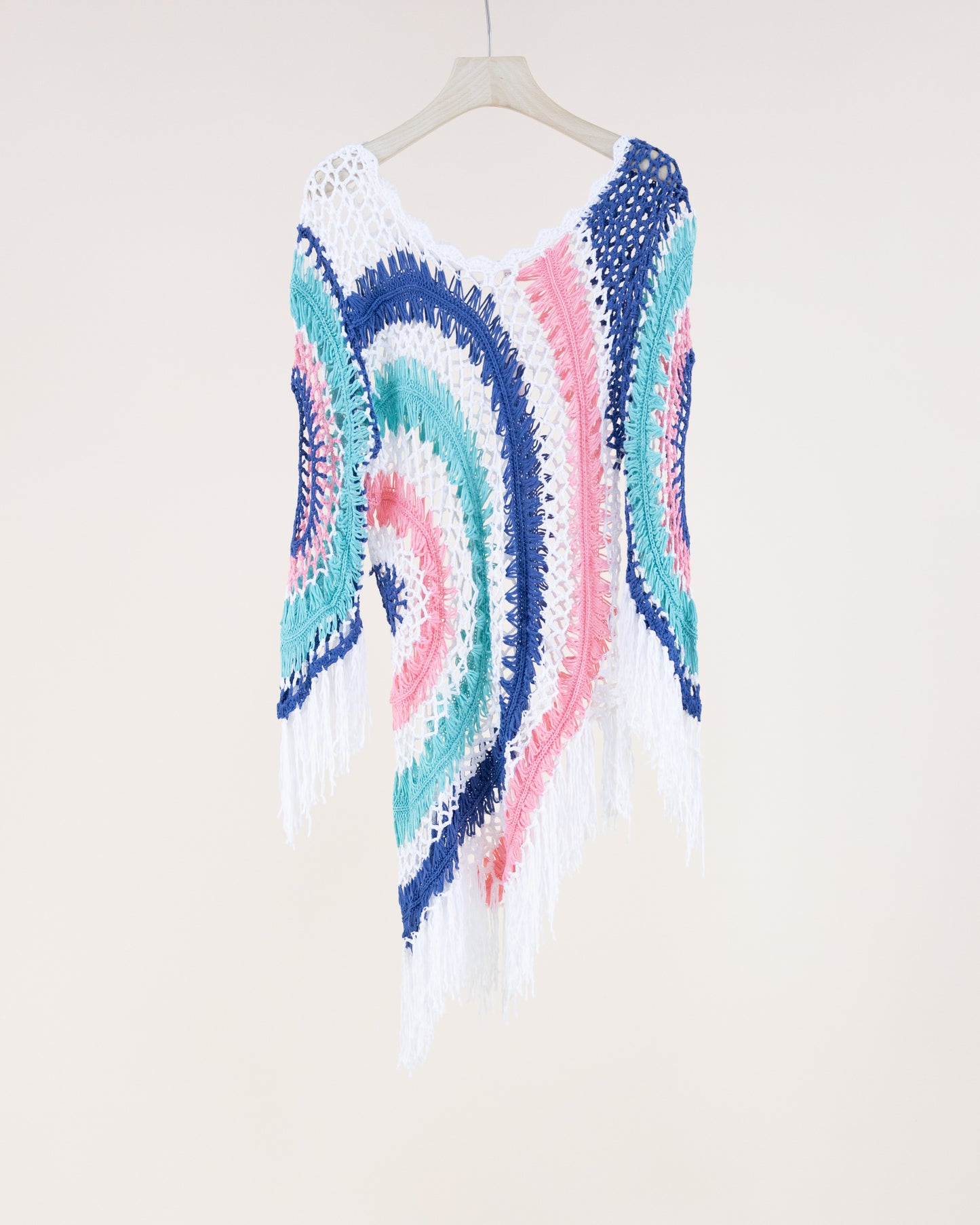 Muted Asymmetrical Hemline Radial Pattern Crochet Tunic w/ 3/4 Sleeves and Fringe
