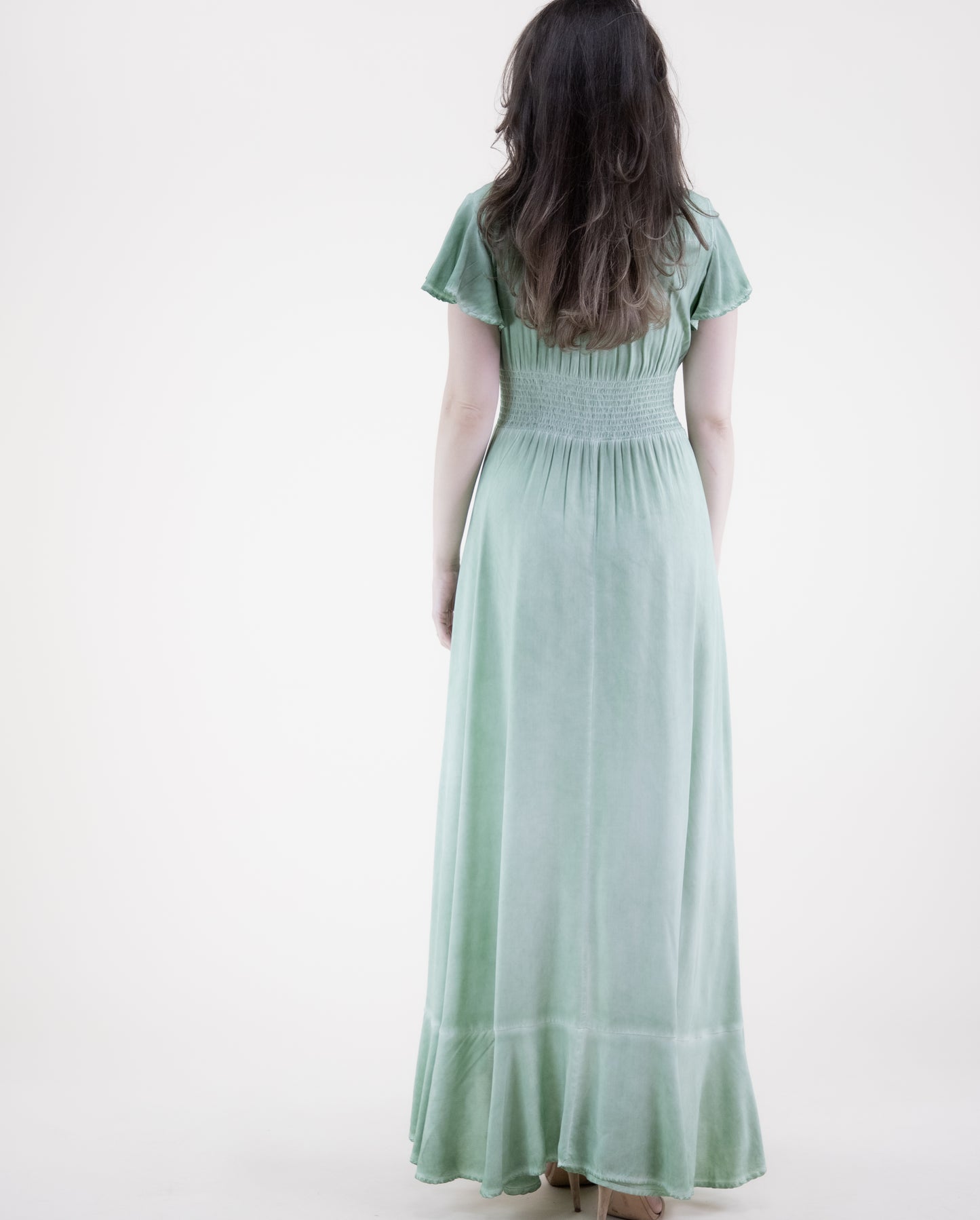 Mineral Wash Butterfly Sleeve High Low Maxi Dress