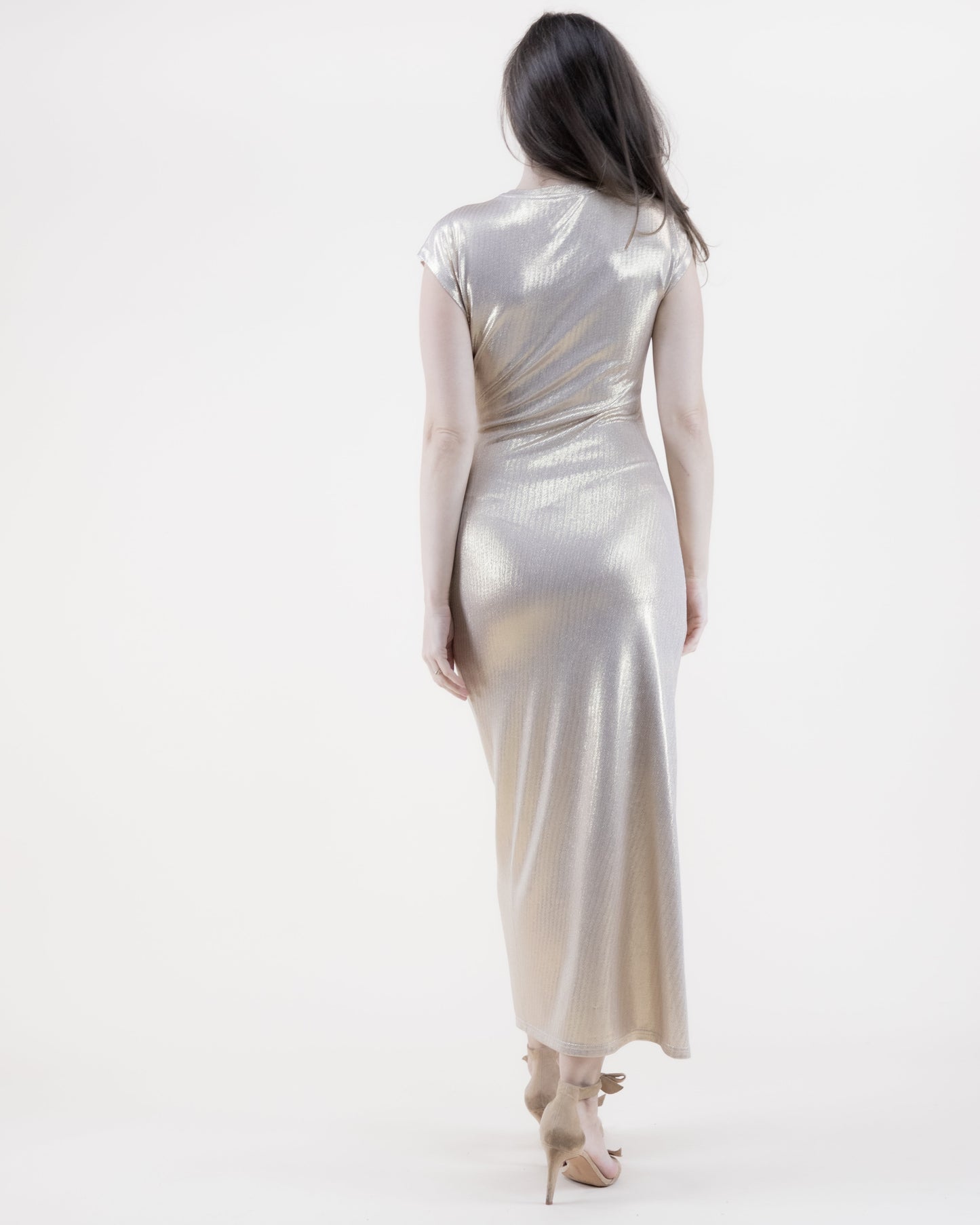 Metallic Jewel Neck Drop Shoulder Side Knot Dress