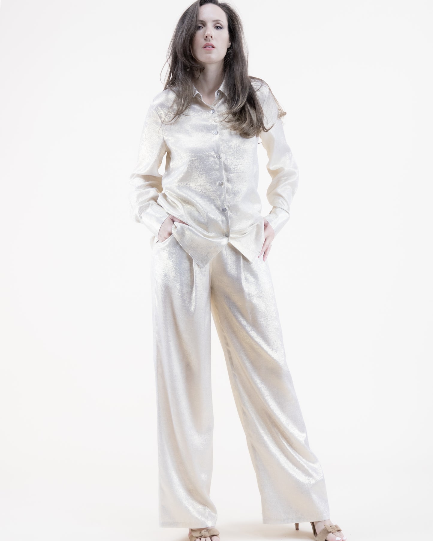 Metallic Front Pleated Wide Leg Pants