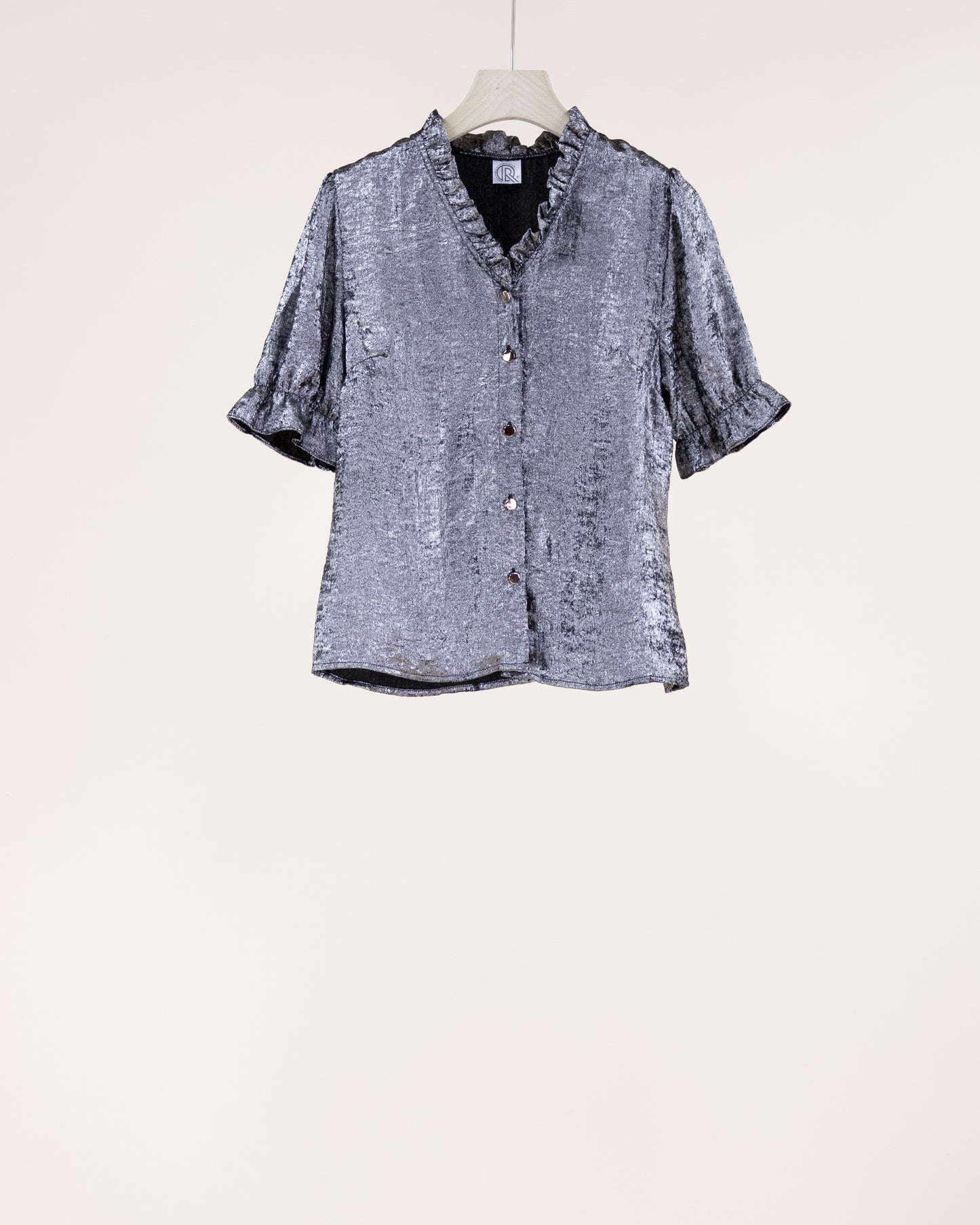 Metallic Short Sleeve Button-up Rufffle Collar Shirt
