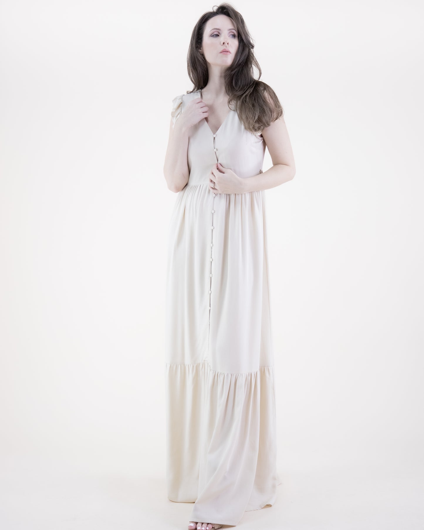 Breezy Butterfly Sleeve Button Front Tiered Midi Dress