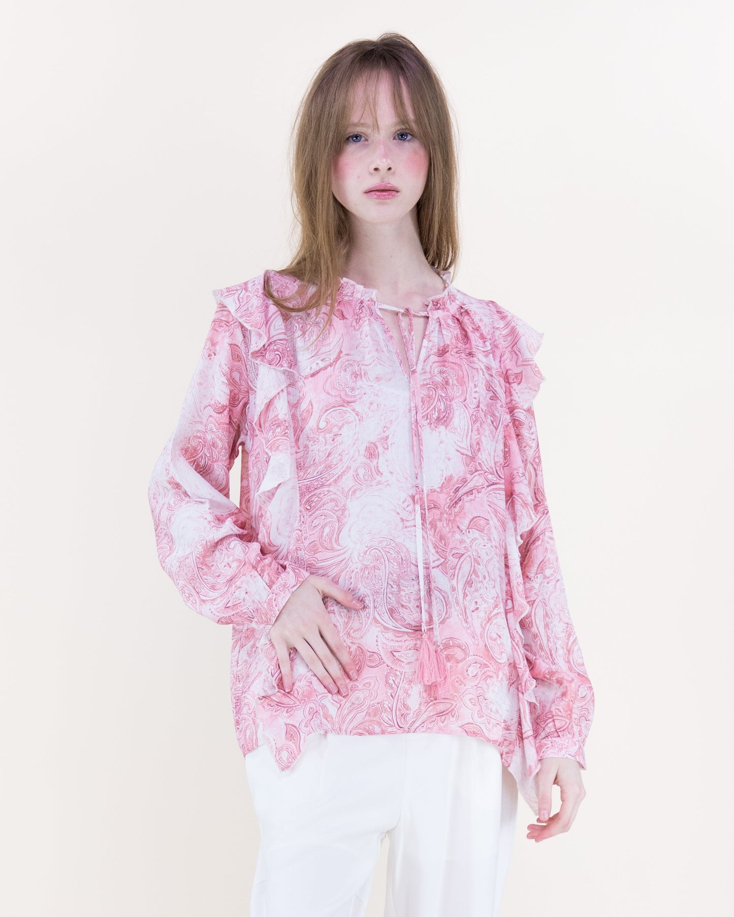 Soft Petal Paisley Ruffle Blouse