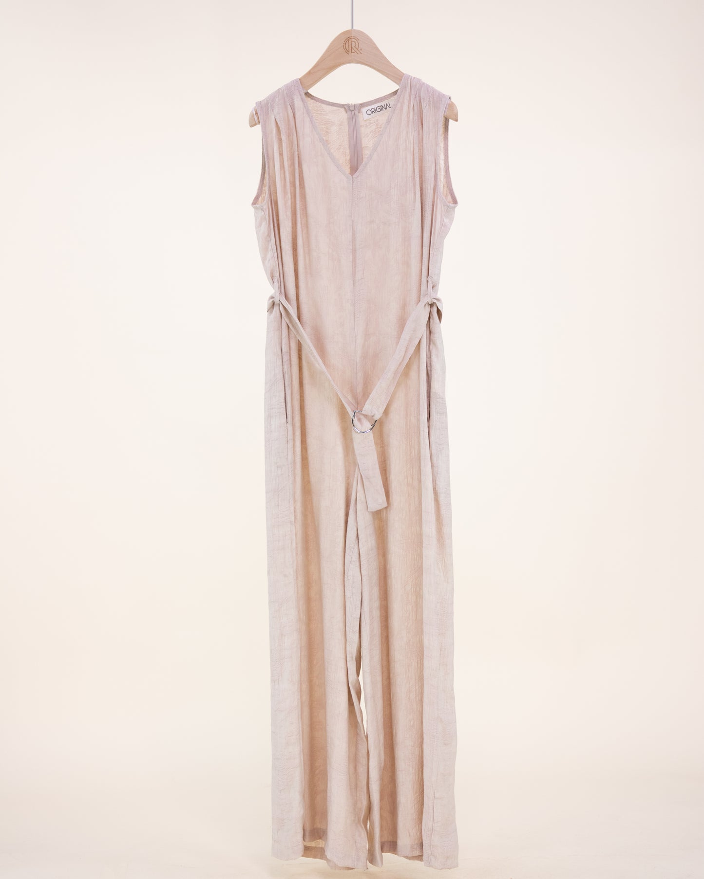 Crepe Jacquard Sleeveless Belted Jumpsuit