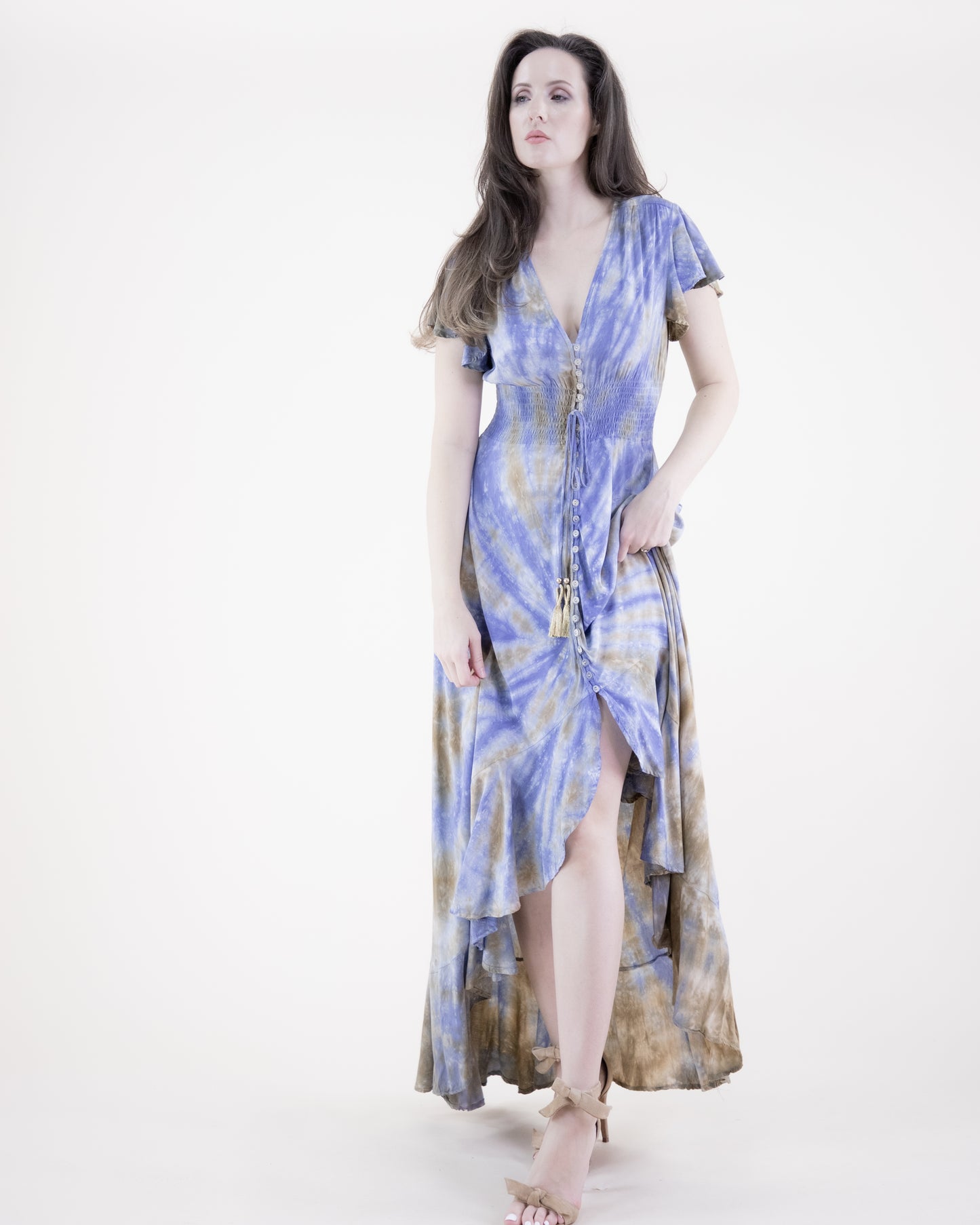 Butterfly Sleeve Tie Dye High Low Maxi Dress
