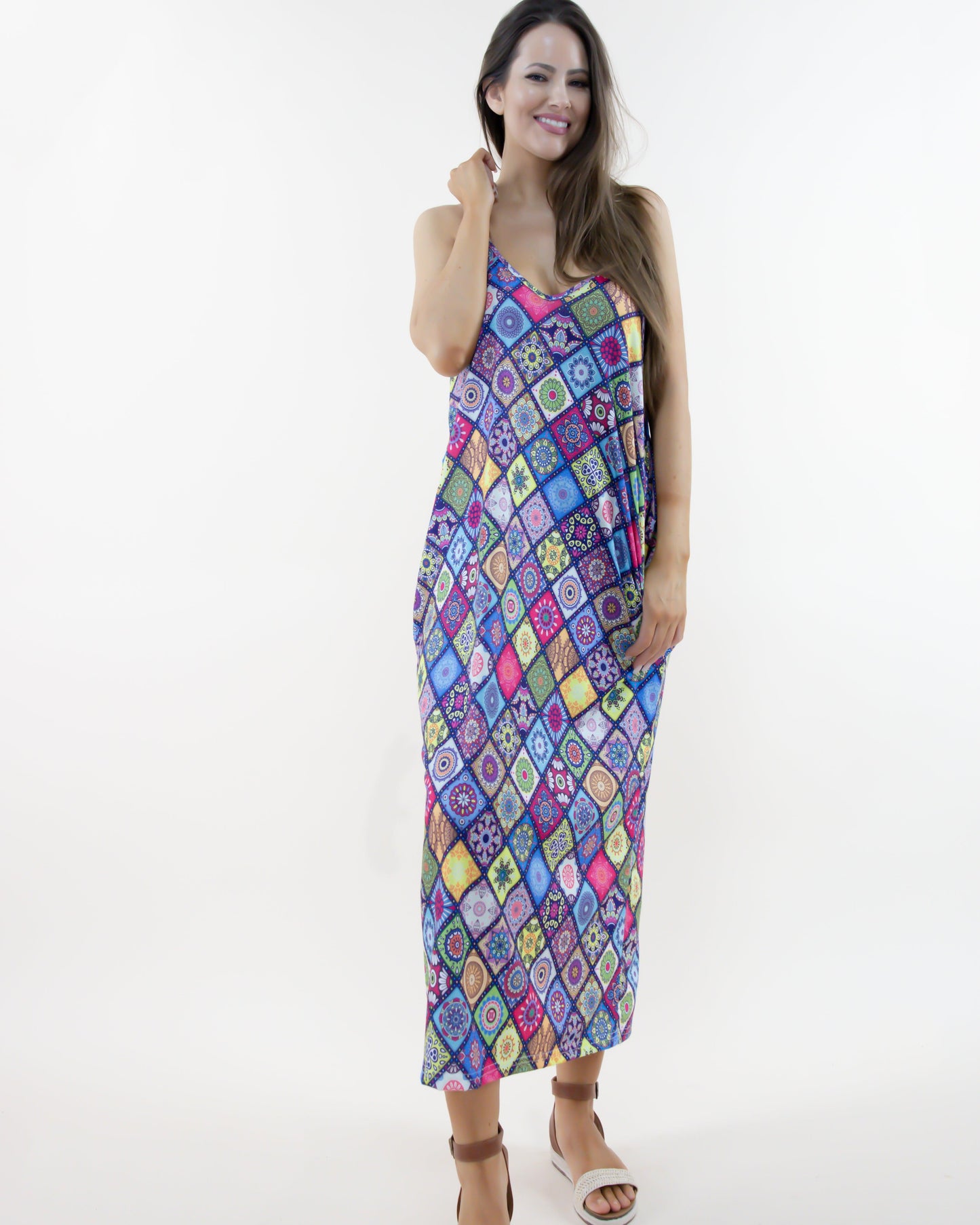 Colorful Floral Paisley Quilt Print Maxi Dress