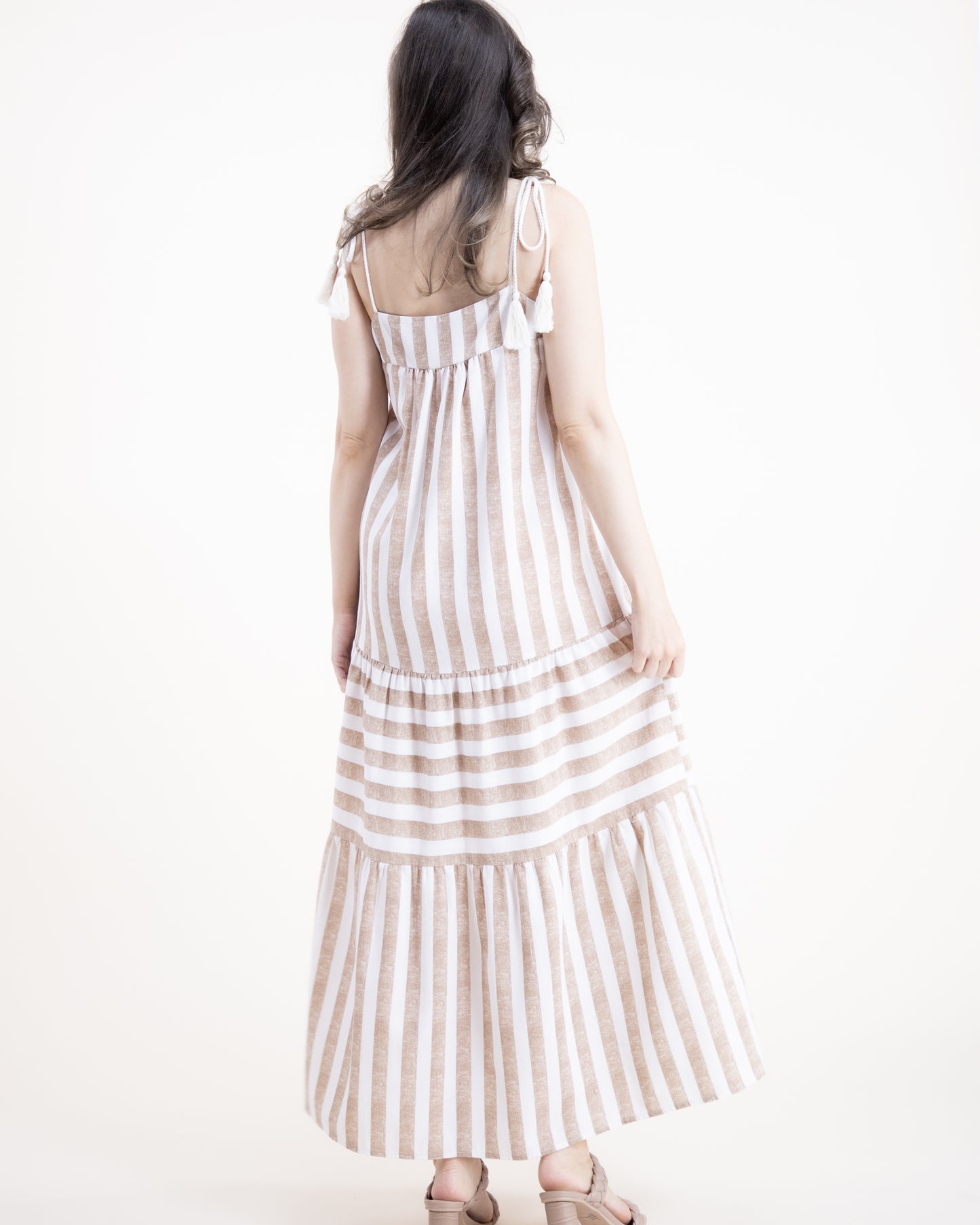 Relaxed Cotton Linen Stripe Rope Straps Maxi Dress