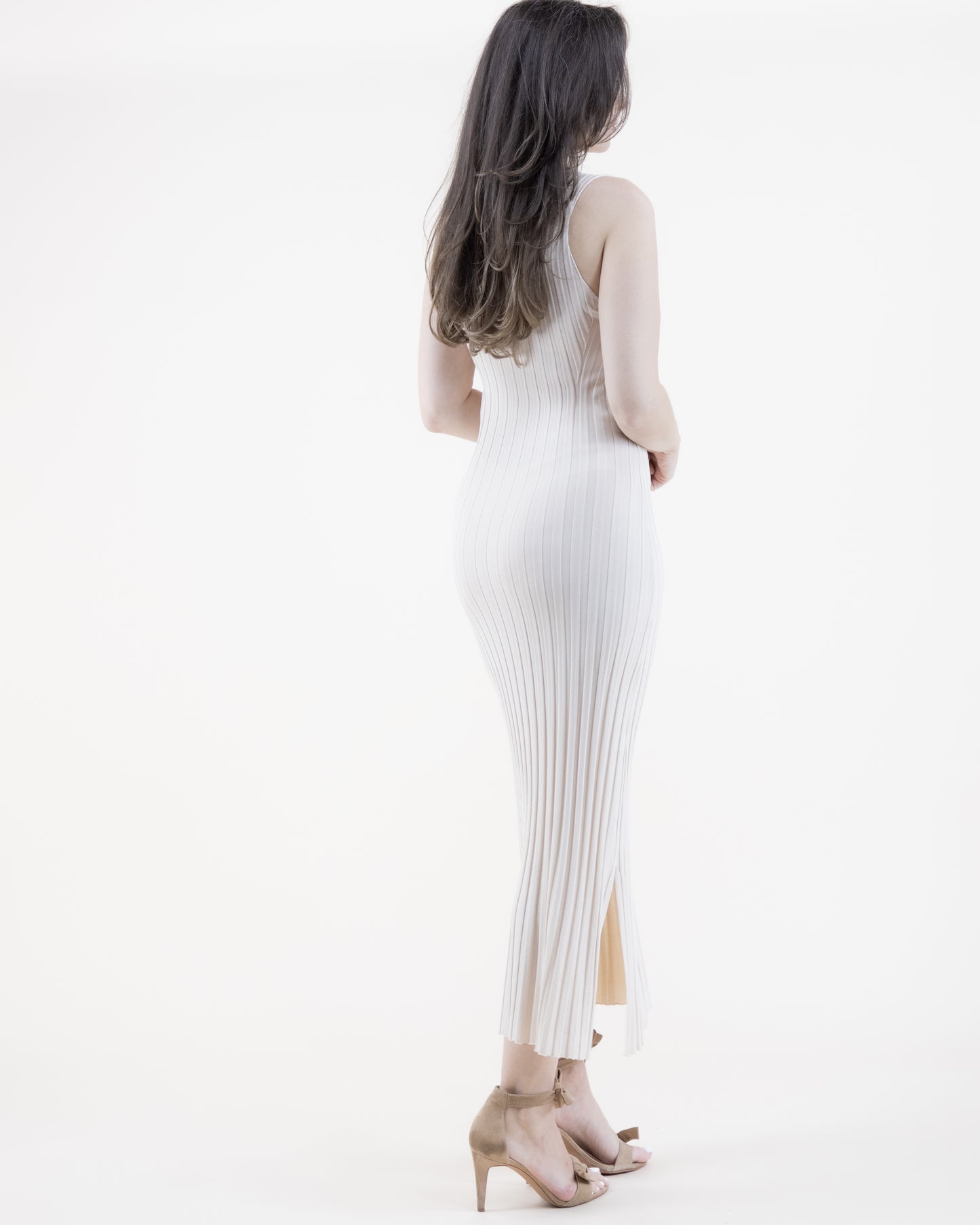 Neutral Jewel Neck Sleeveless Ribbed Knit Bodycon Dress