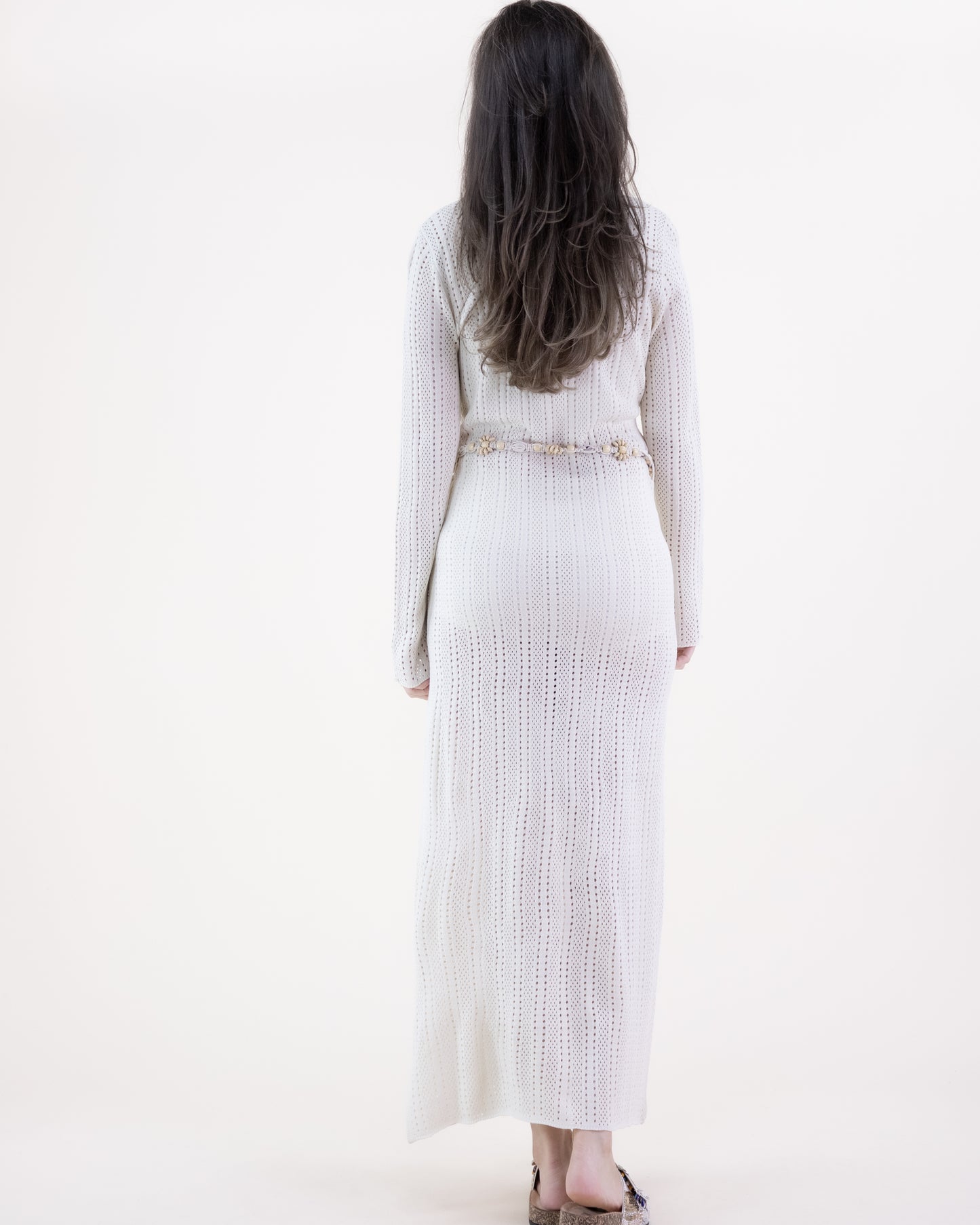 Linear Stitch Pointelle Belted Long Sleeve Dress