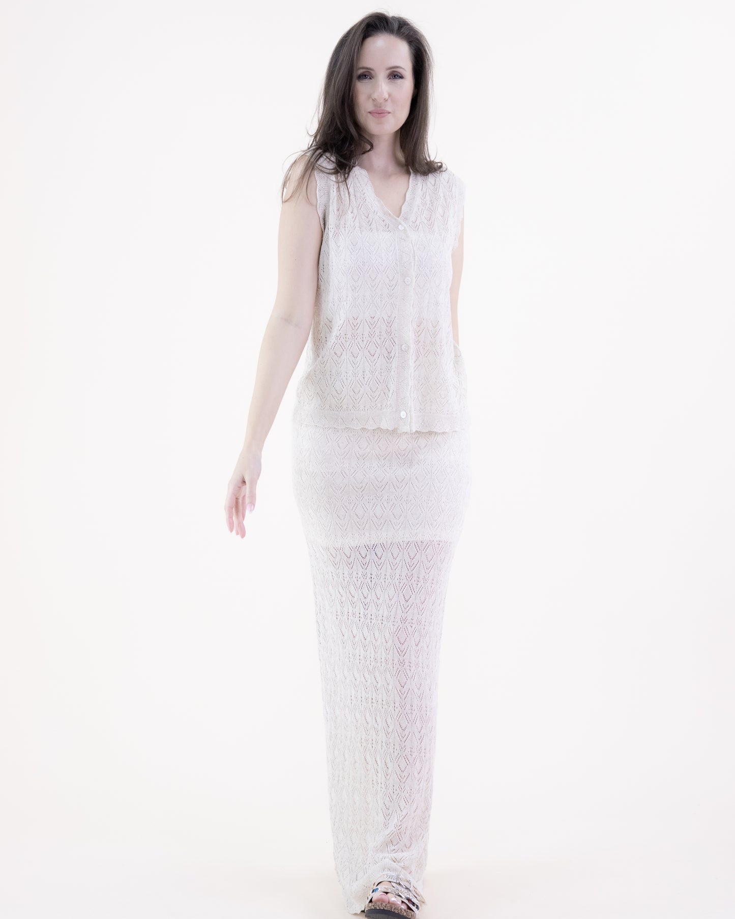 Diamond Stitch Pointelle Buttoned Vest