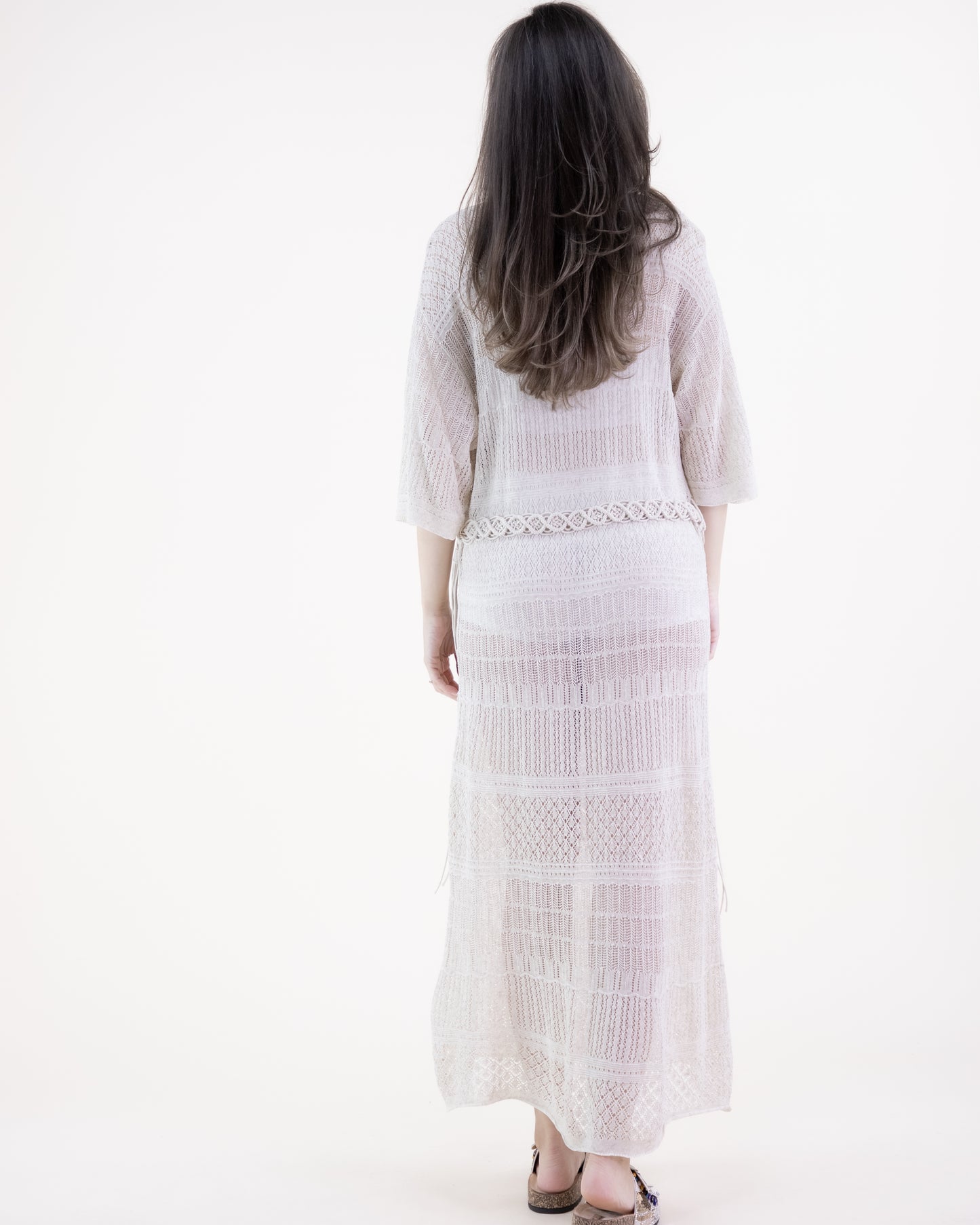 Linear Stitch Pointelle V-Neck Belted Half Sleeve Dress