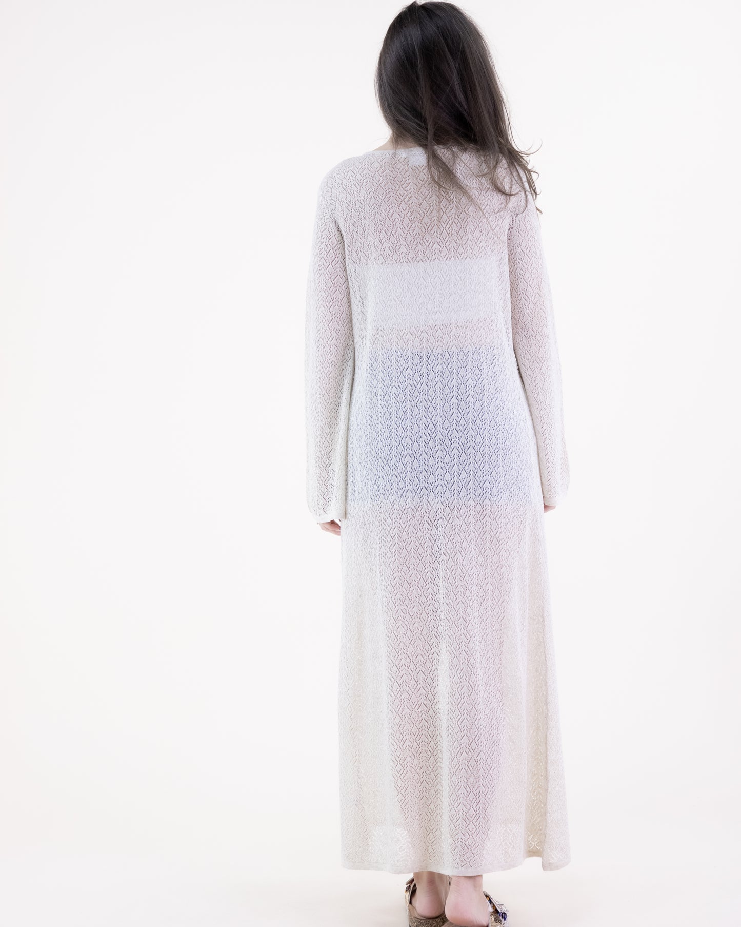 Diamond Stitch Pointelle Button Detail Long Sleeve Dress