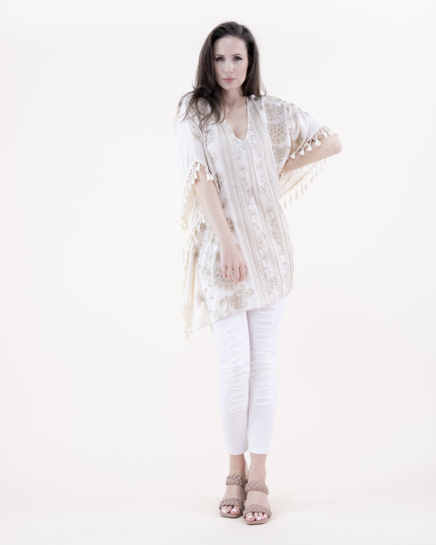 Paisley Floral Embroidered & Tassel Trim V-Neck Kimono Sleeve Top