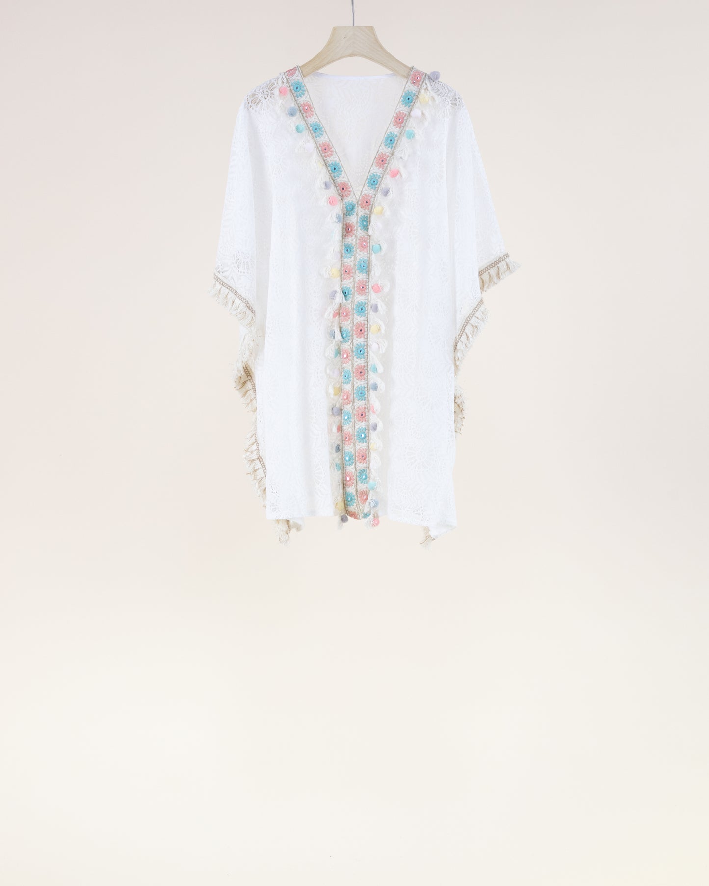 V-Neck Lace & Color Tassel Trim Kimono