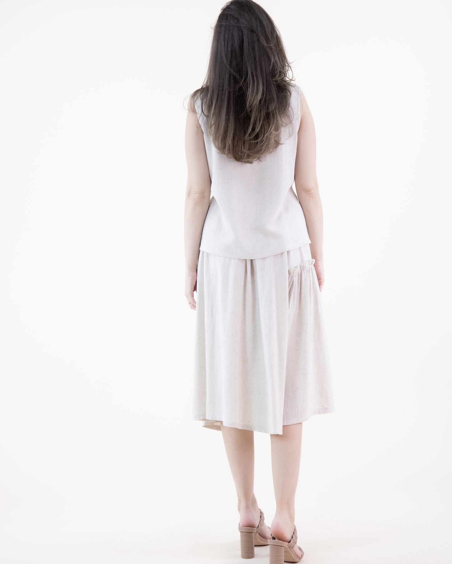 Cotton Linen Side Ruffle & Pocket Maxi Skirt
