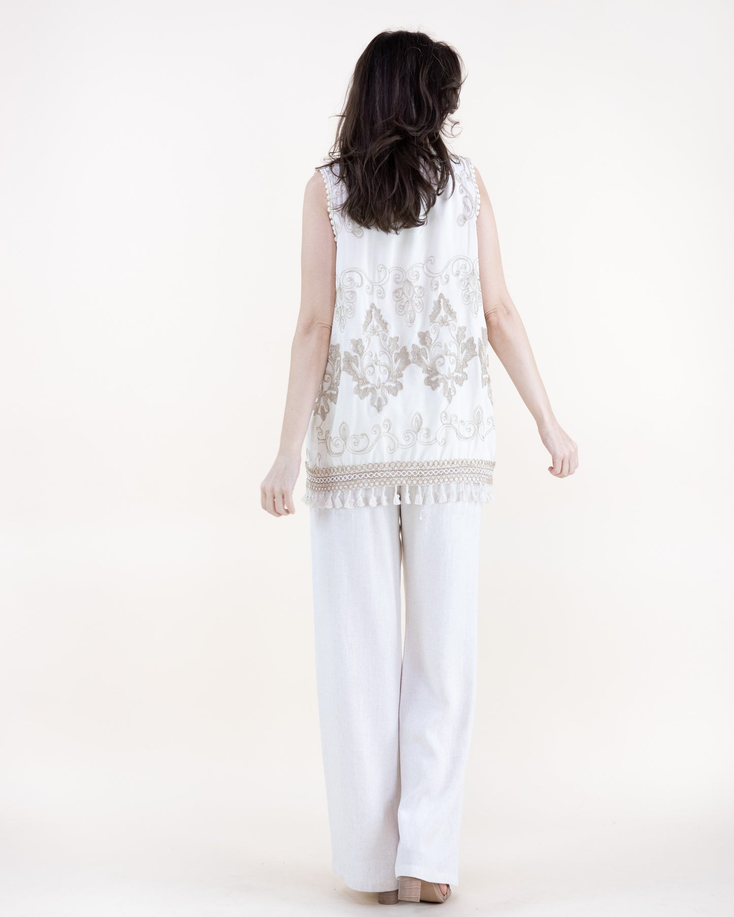 Chateau Damask Embroidered Tassel Trim Open Front Vest