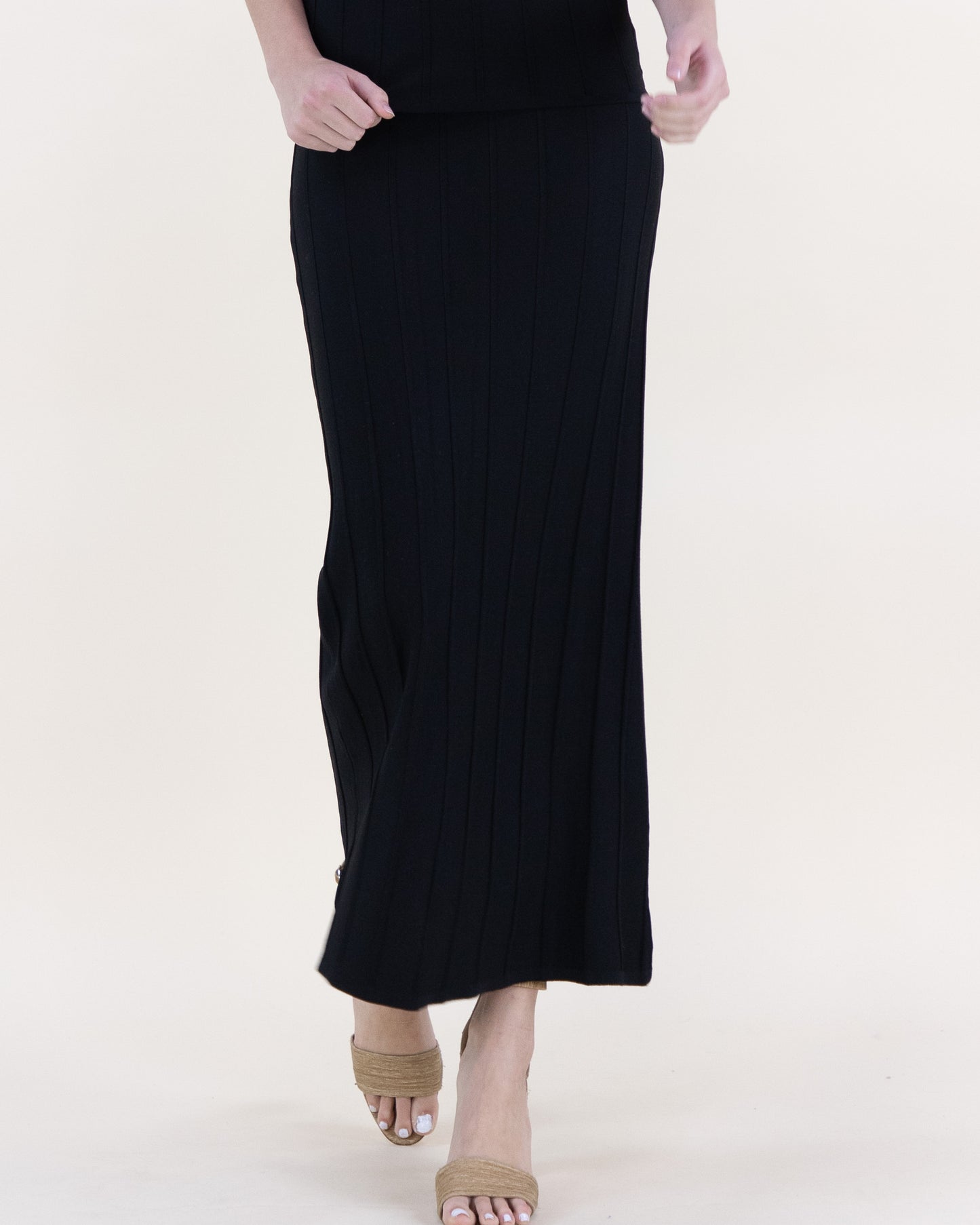 Neutral Wide Ribbed High Waisted Midi Skirt - S/M, LXL