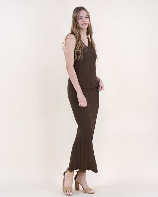 Neutral Wide Ribbed High Waisted Midi Skirt - S/M, LXL