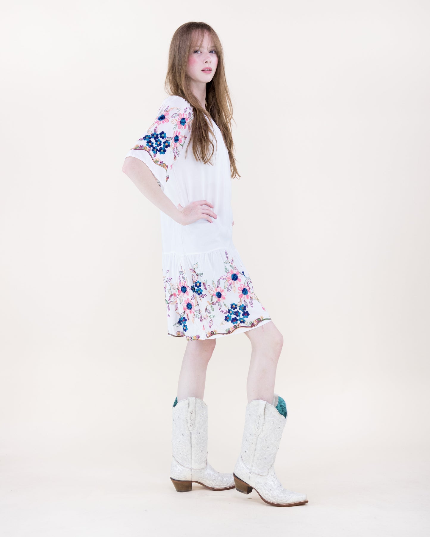 Hydrangea Floral Embroidered Drop Waist Mini Dress