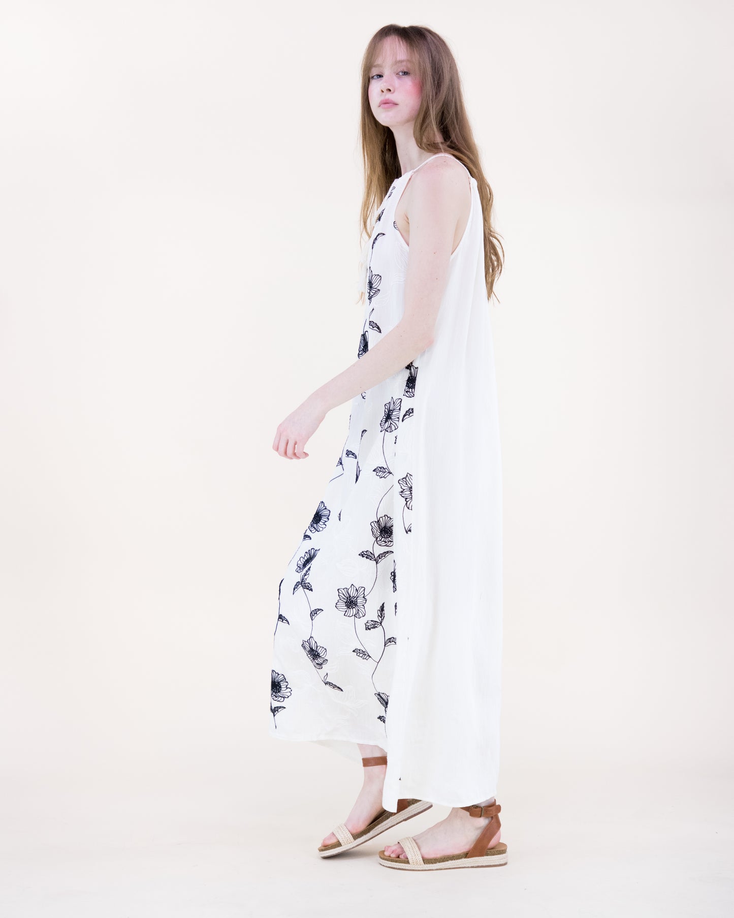 Flora Artisan Contrast Embroidery Sleeveless Maxi Dress