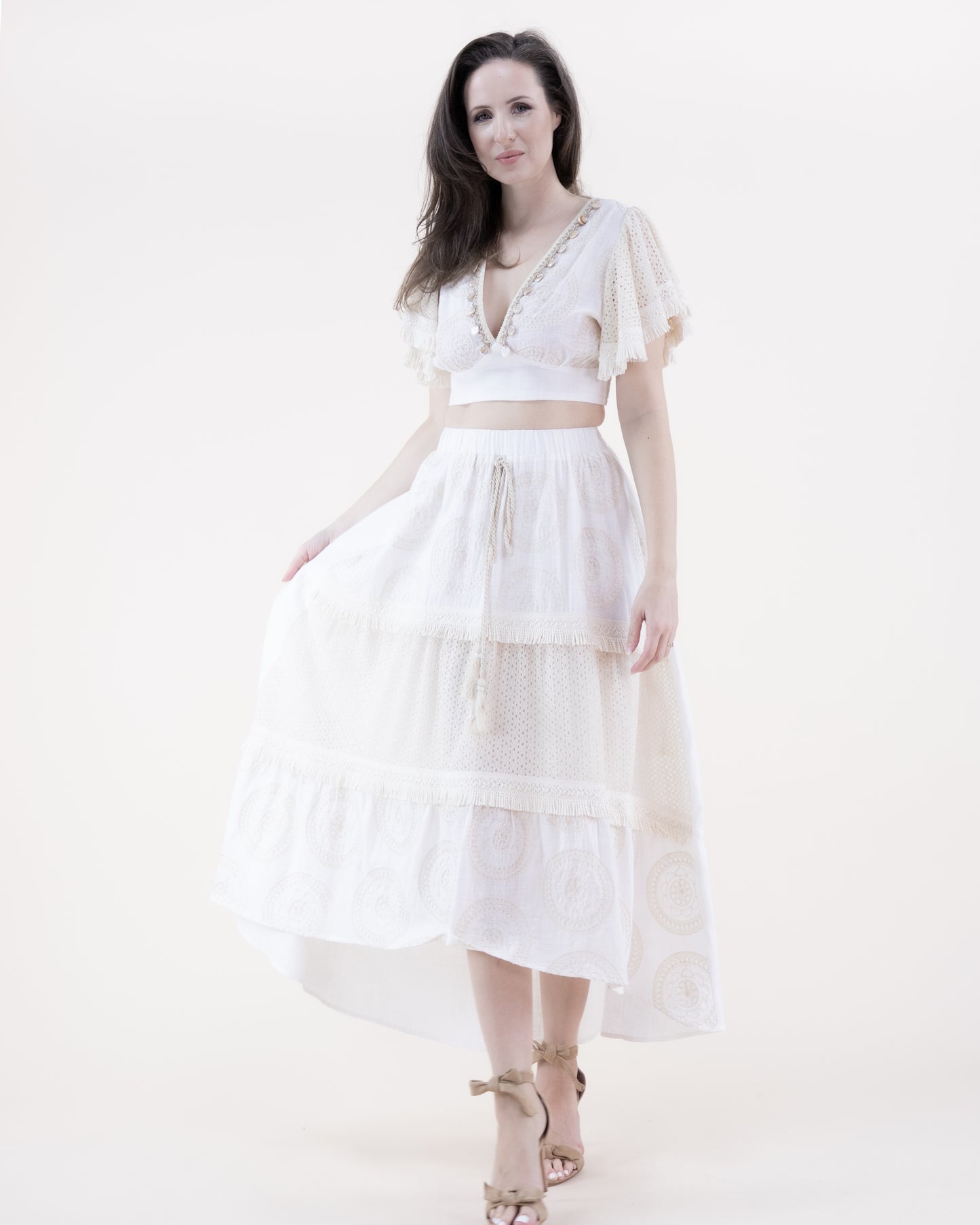 Breezy Lace Butterfly Sleeve Embellished Crop Top