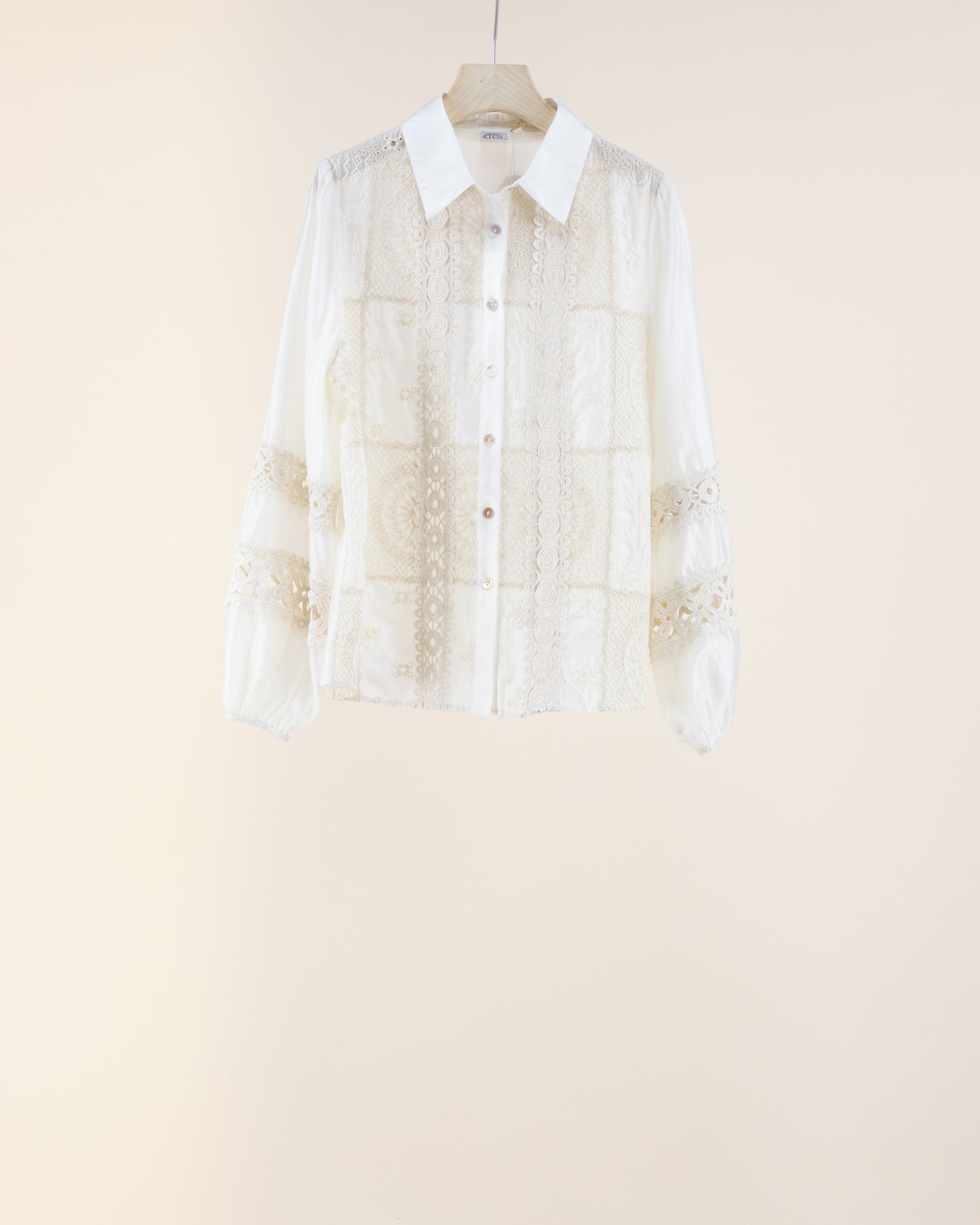 Cotton Blend Lace Patchwork Long Sleeve Collared Shirt
