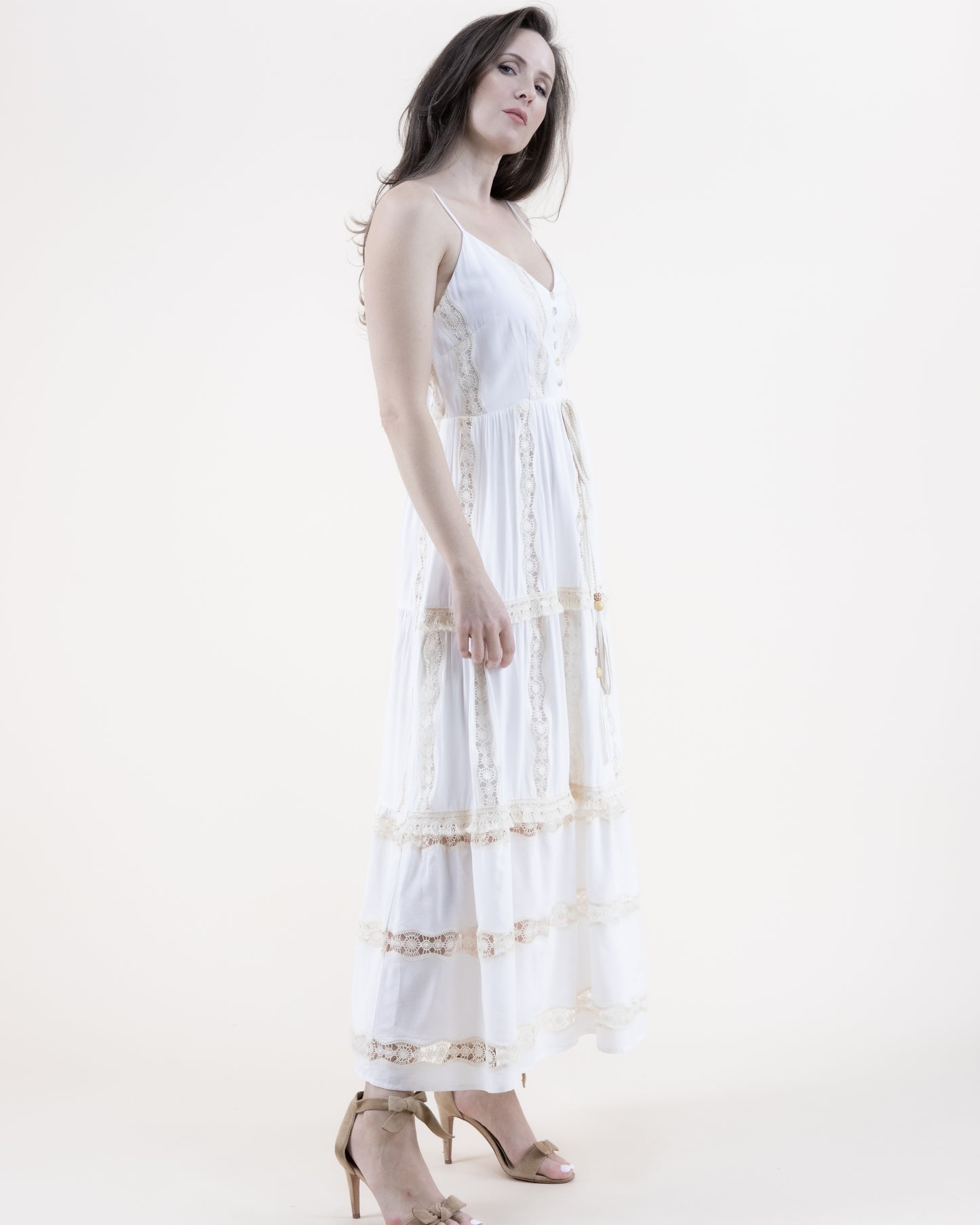 Lace Lines V-Neck Tiered Maxi Dress