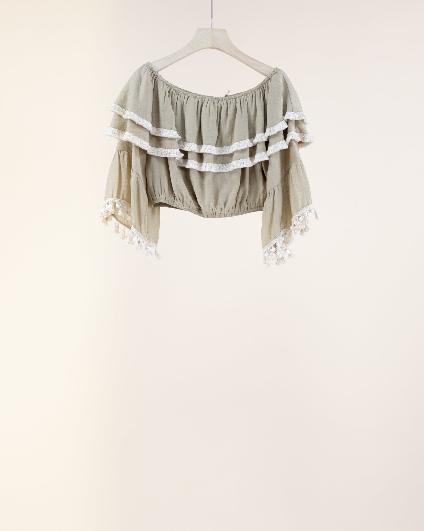 Tassel Trim Ruffle Off Shoulder Crop Top