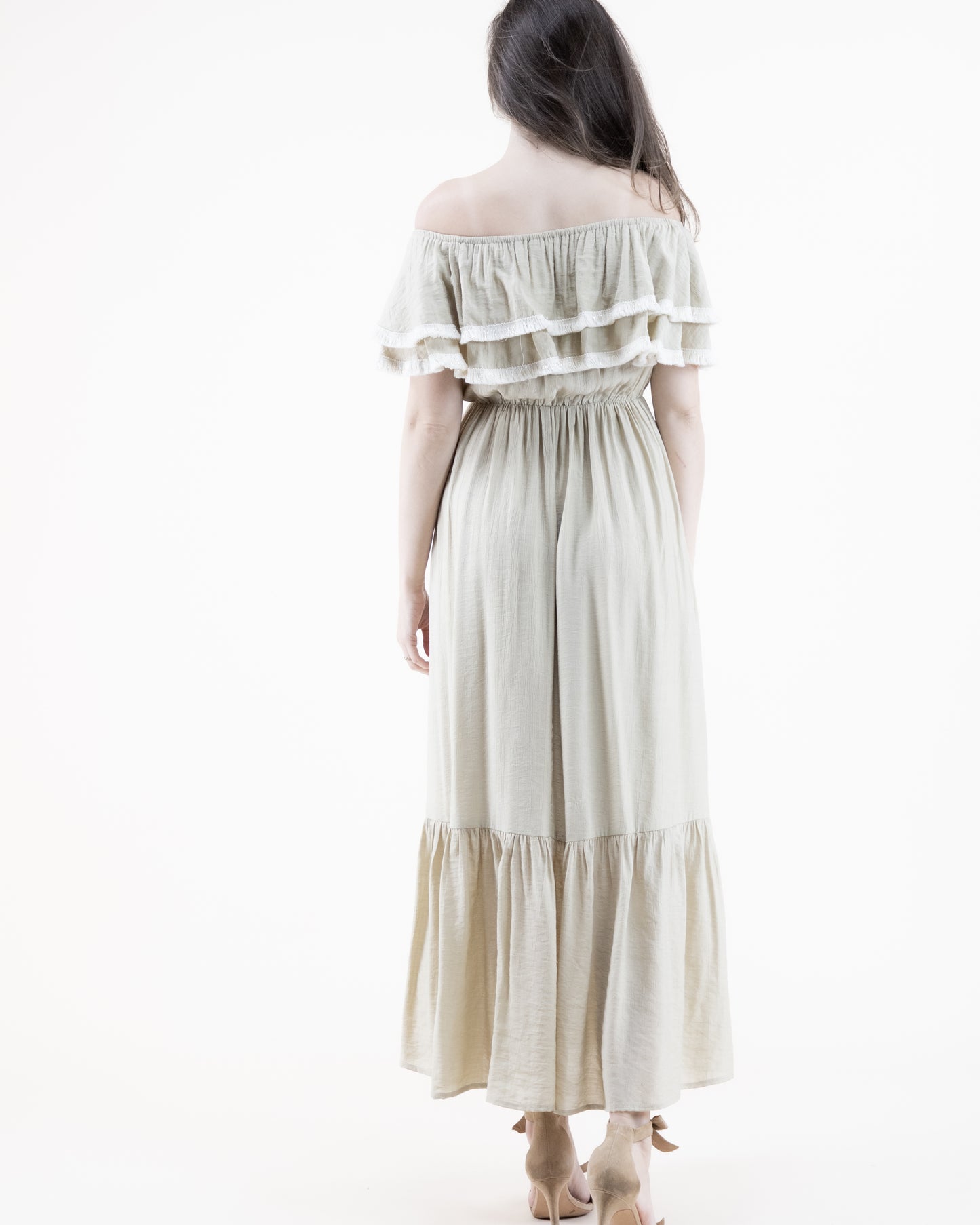 Tassel Trim Ruffle Off Shoulder Maxi Dress