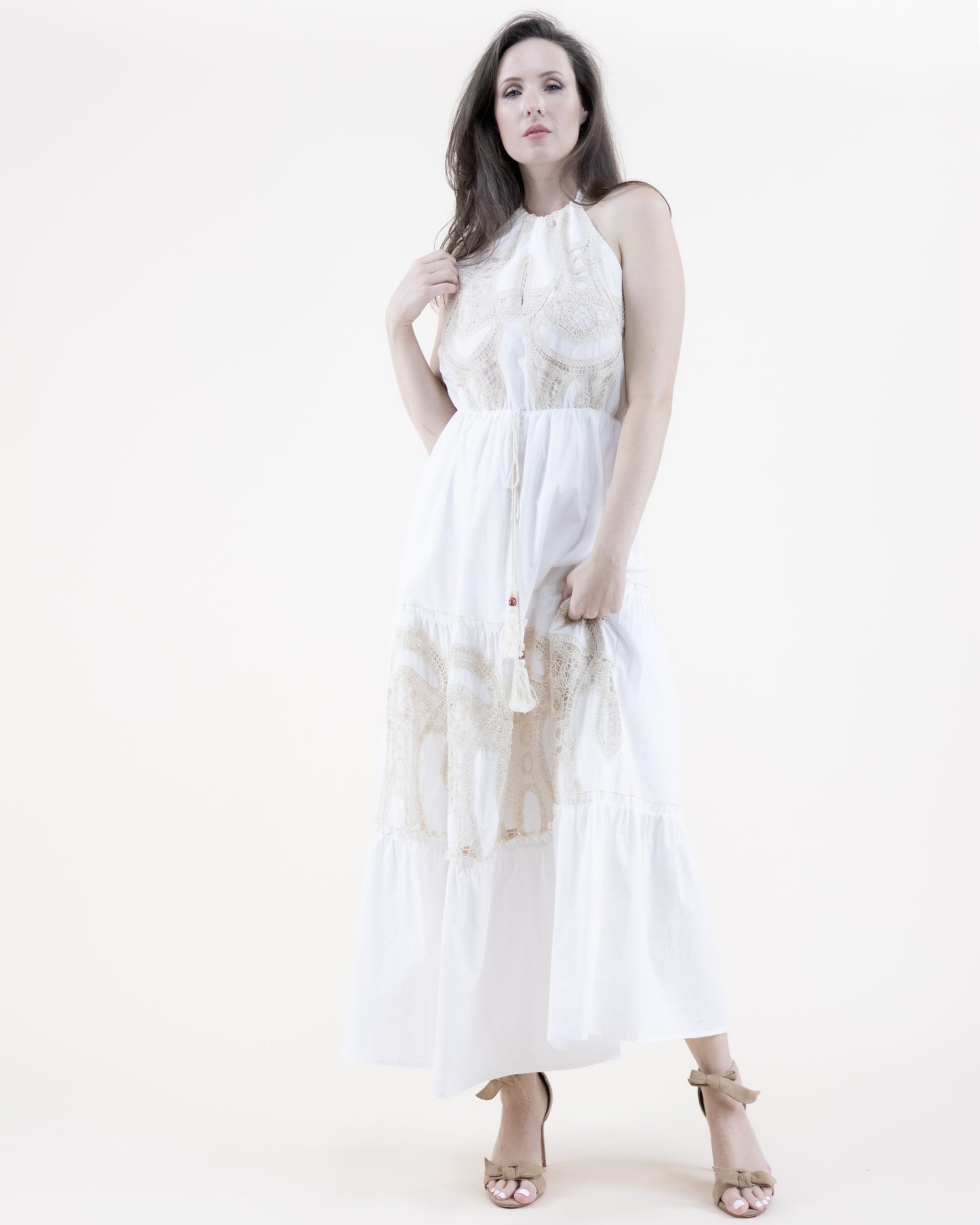 Cotton & Lace Halter Tiered Maxi Dress