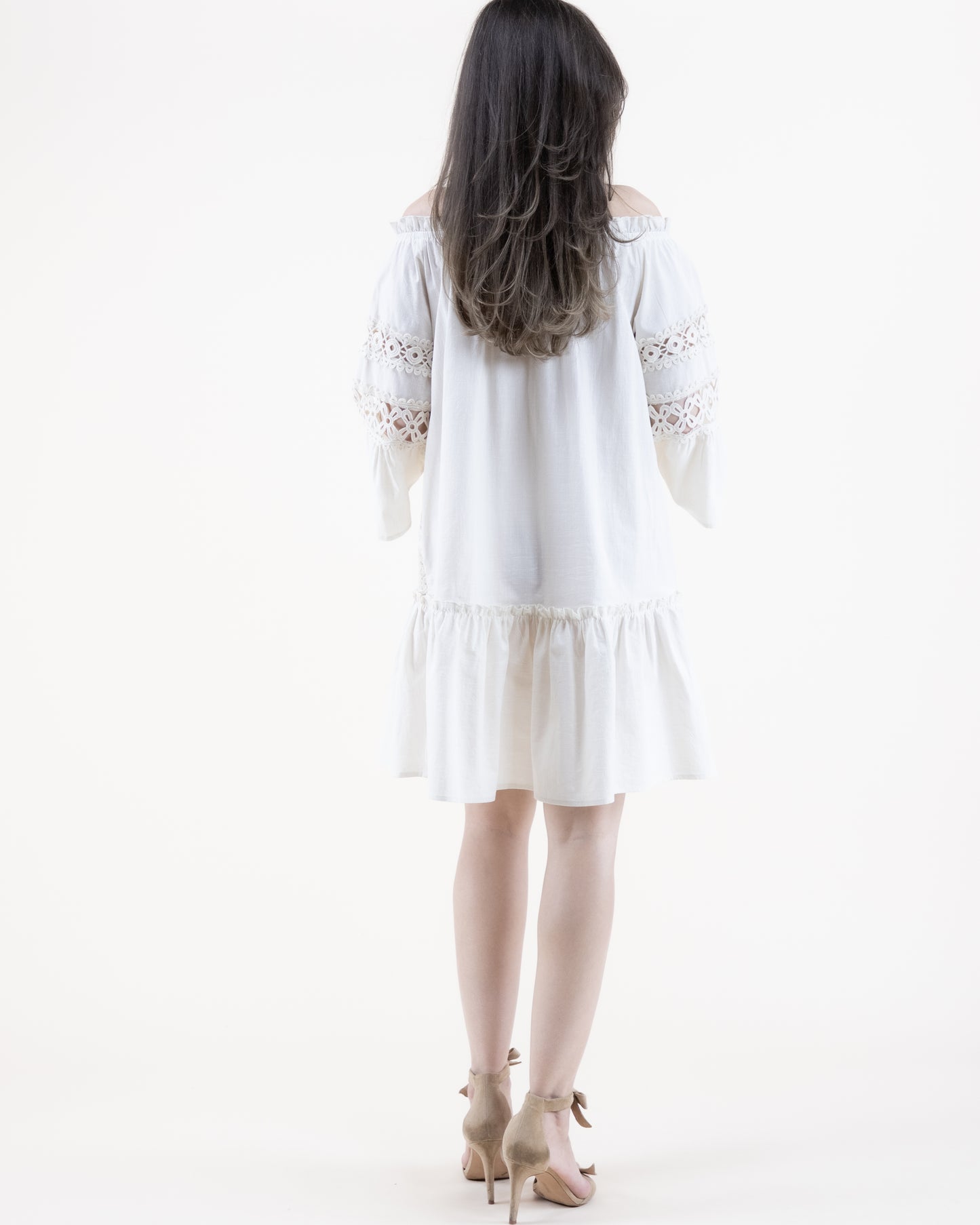 Cotton Lace Tile Trumpet Sleeve Off Shoulder Drop Waist Tent Dress