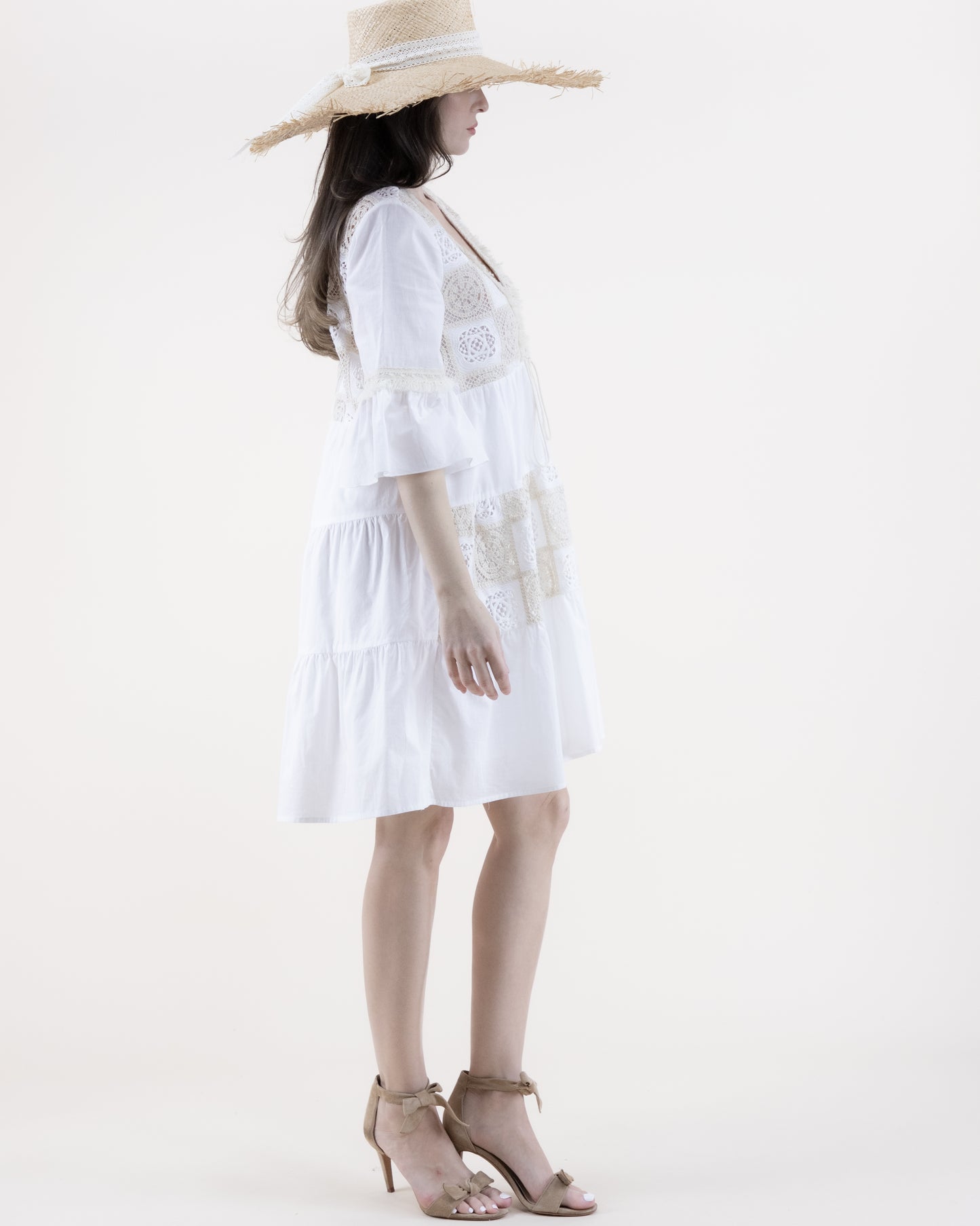 Cotton Lace Tile Trumpet Sleeve Ruffle Tier Tent Dress