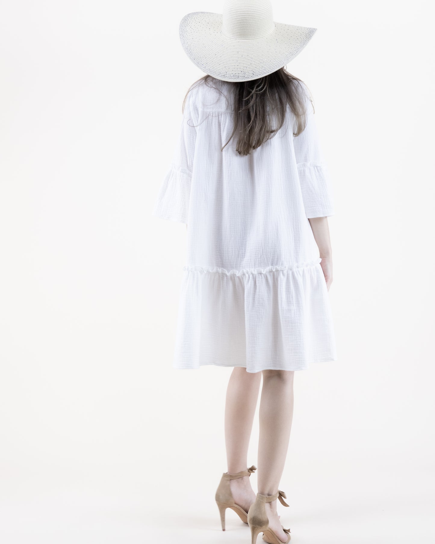 Cotton Gauze Drop Waist Trumpet Sleeve Shirt Dress