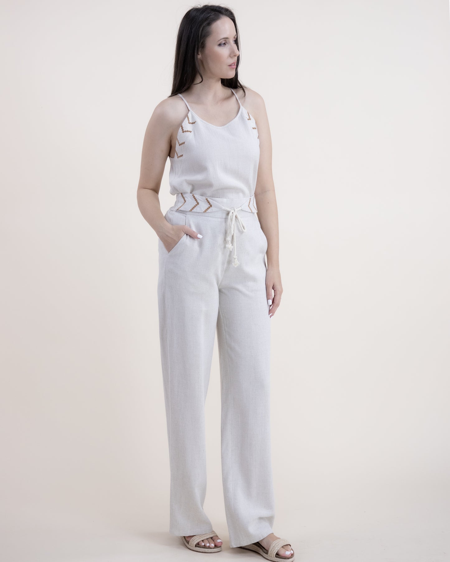 Cotton Linen Embroidery Detail Sleeveless Halter Top
