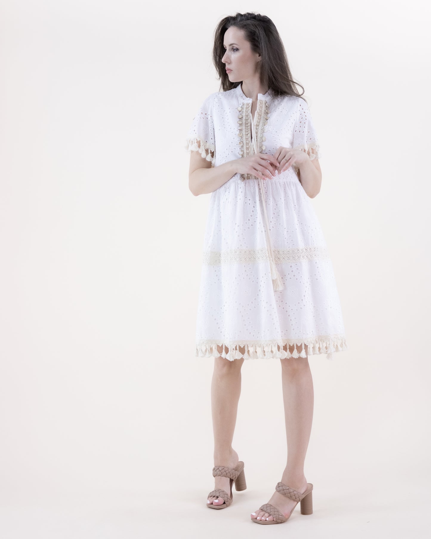 Eyelet Lace & Crochet Embellished Tassel Hem Dress