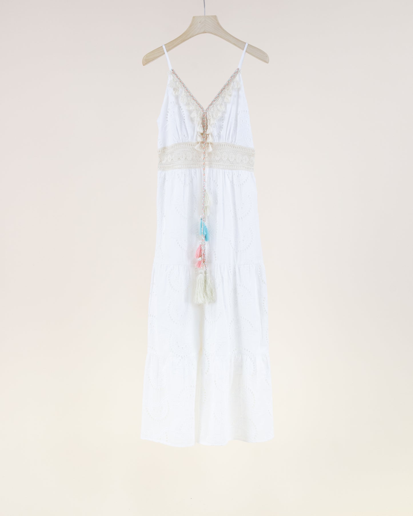 Eyelet Lace & Crochet Embellished Accents Empire Waist Tiered Maxi Dress